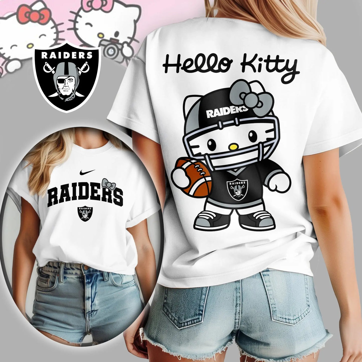 Las Vegas Raiders | Premium NFL Hello Kitty 3D Shirt TD – HuddleStyle.com - Image 3