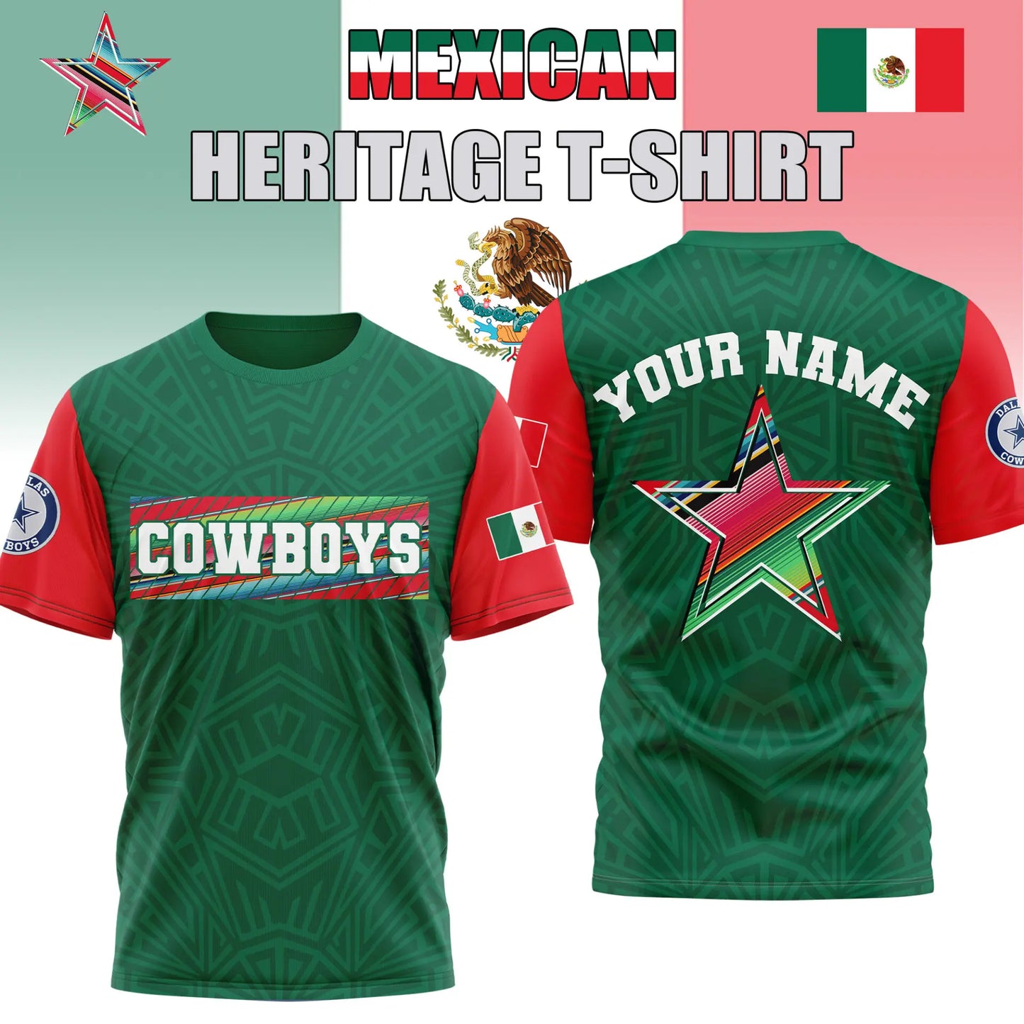 Dallas Cowboys | Premium NFL Mexican Heritage Celebration 3D Shirt HI – HuddleStyle.com - Image 3