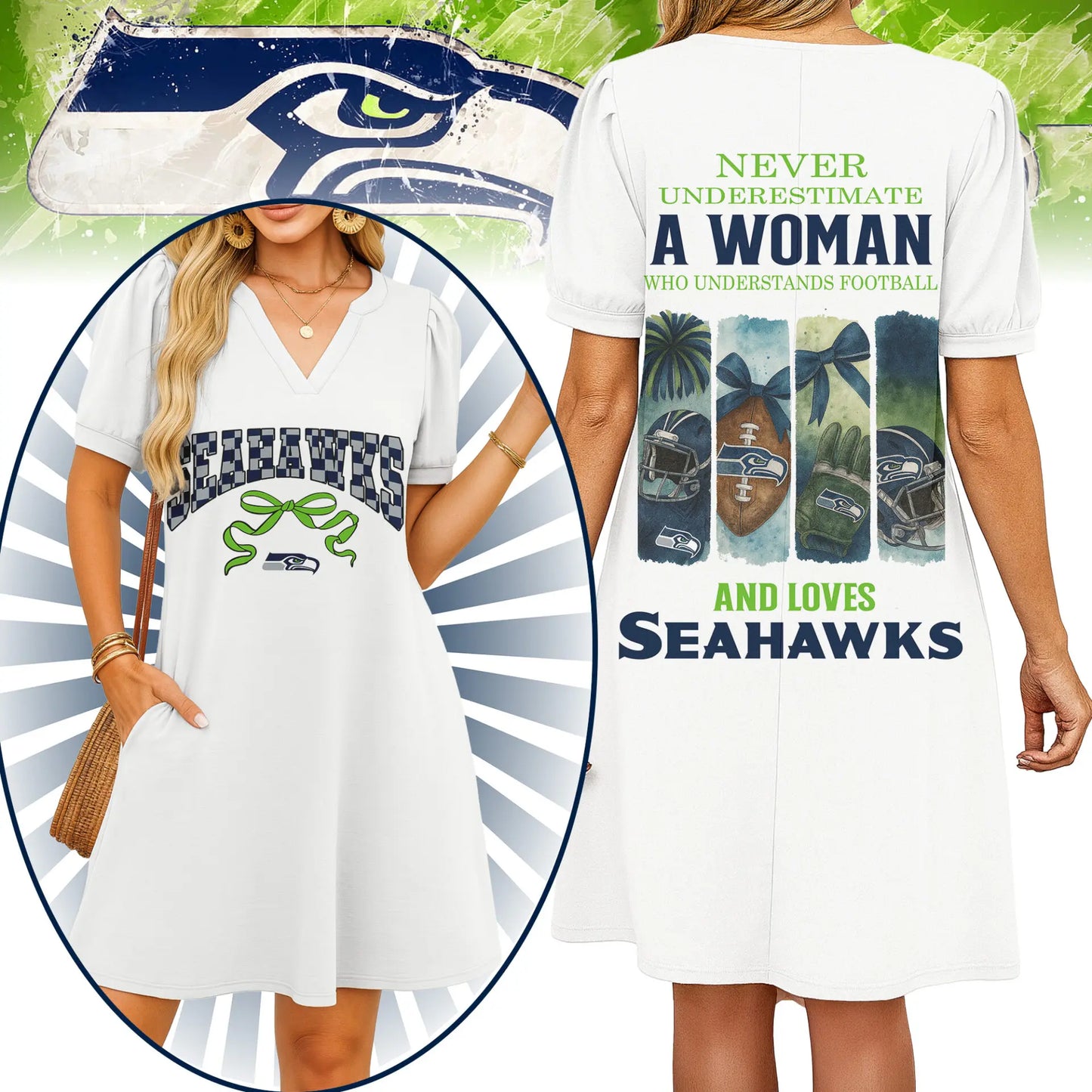 Seattle Seahawks | Premium NFL V-neck Dress HI – HuddleStyle.com - Image 3