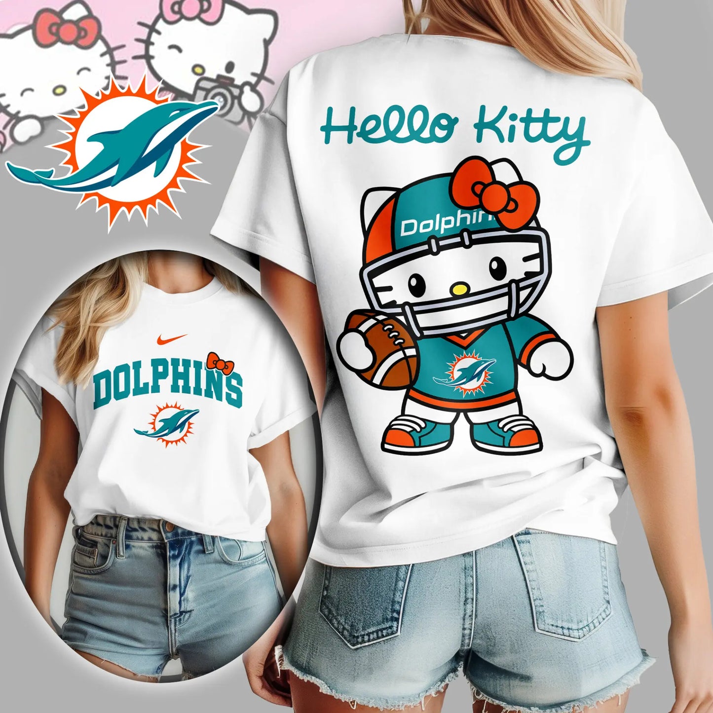 Miami Dolphins | Premium NFL Hello Kitty 3D Shirt TD – HuddleStyle.com - Image 4