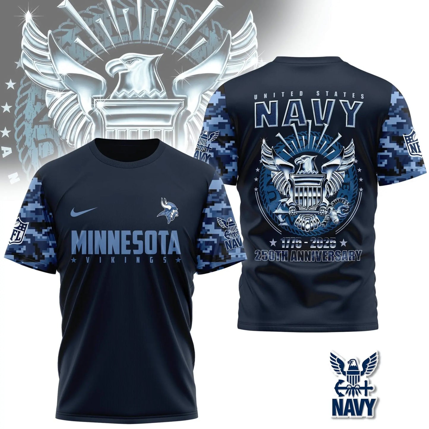 Minnesota Vikings | Premium Navy 250 Years 3D Shirt TD – HuddleStyle.com - Image 4