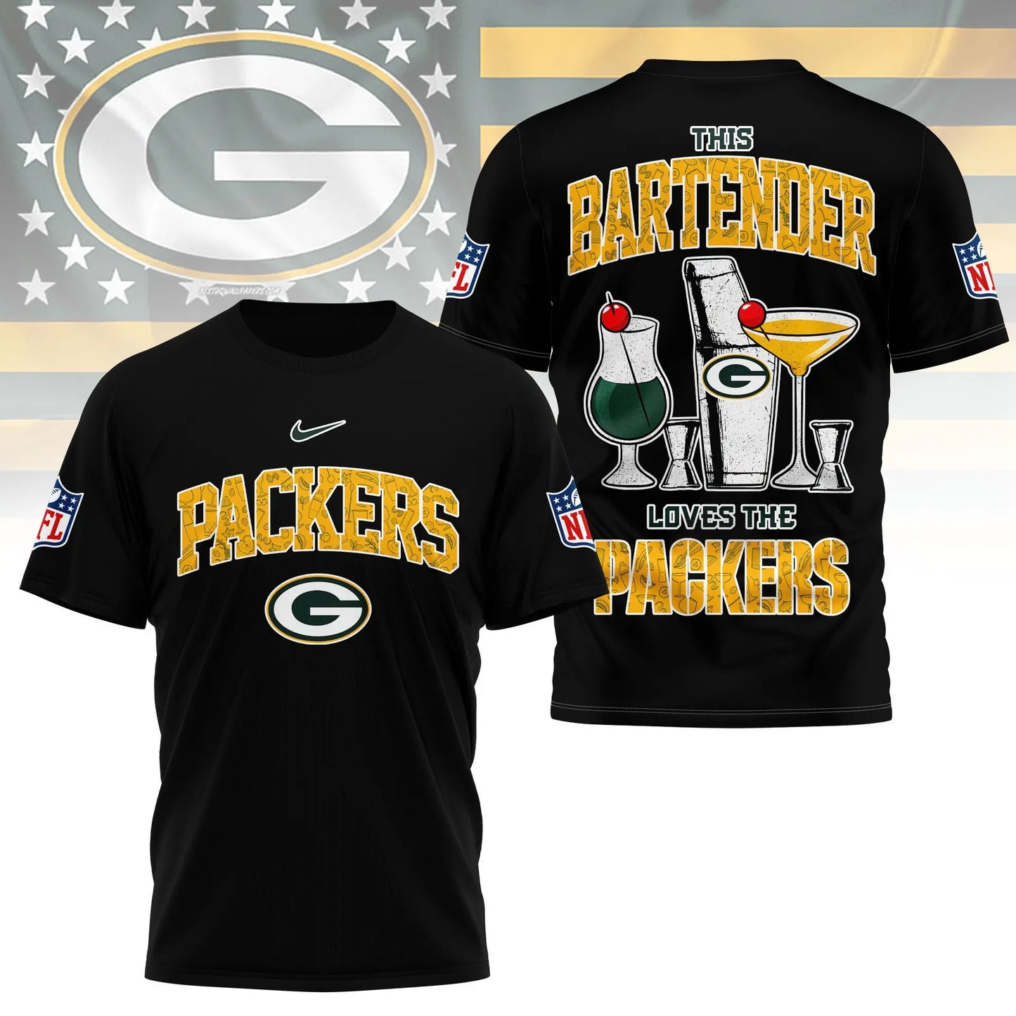 Green Bay Packers | Premium NFL Bartender Fan 3D Shirt NY – HuddleStyle.com - Image 3