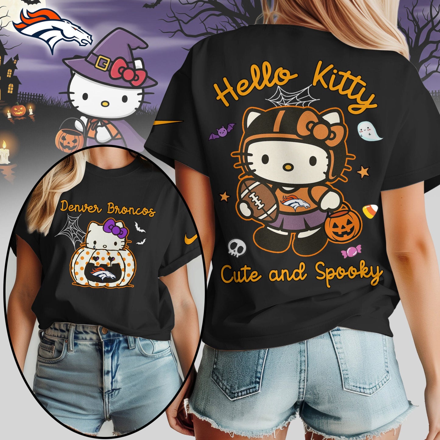 Denver Broncos | Premium NFL Hello Kitty Cute And Spooky Halloween Women Shirt NY – HuddleStyle.com - Image 3