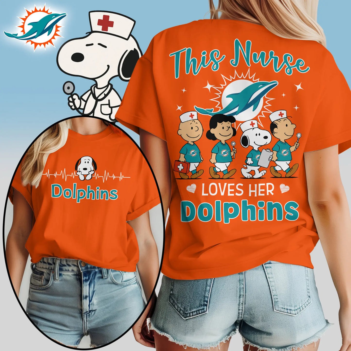 Miami Dolphins | Premium NFL Peanuts Snoopy Fan Nurse Appreciation Woman Shirt NY – HuddleStyle.com - Image 4