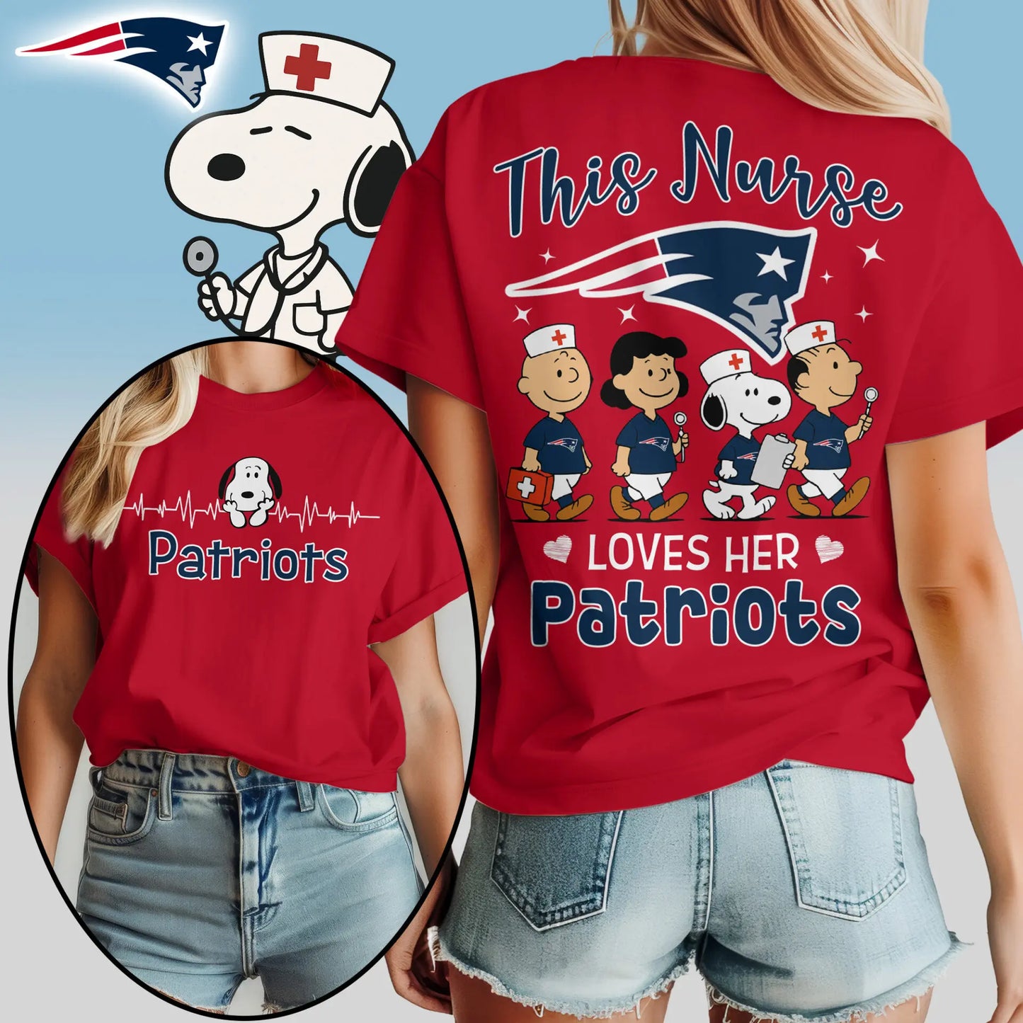 New England Patriots | Premium NFL Snoopy Nurse Appreciation Woman Shirt – HuddleStyle.com - Image 4