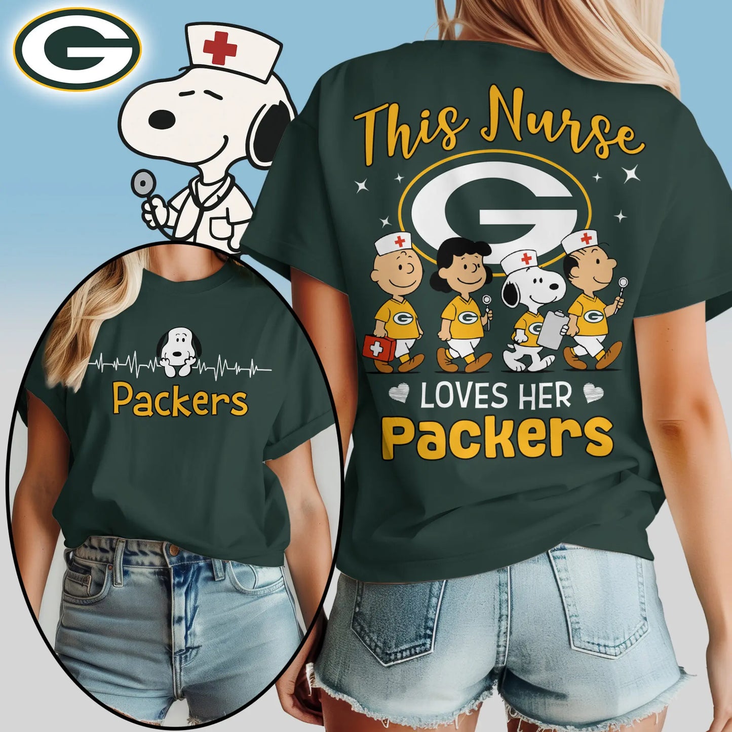 Green Bay Packers | Premium NFL Peanuts Snoopy Fan Nurse Appreciation Woman Shirt NY – HuddleStyle.com - Image 4