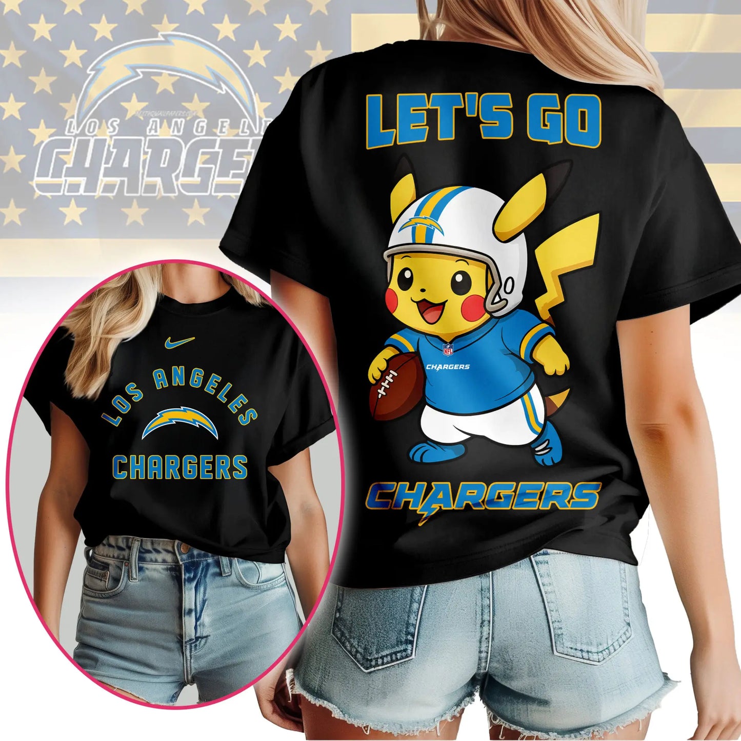 Los Angeles Chargers | Premium NFL Pokemon Fan 3D Shirt NY – HuddleStyle.com - Image 3