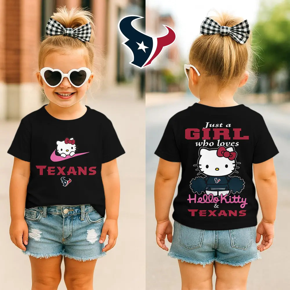 Houston Texans | Premium NFL Football Girl Hello Kitty Fan Kid Shirt HI – HuddleStyle.com - Image 3