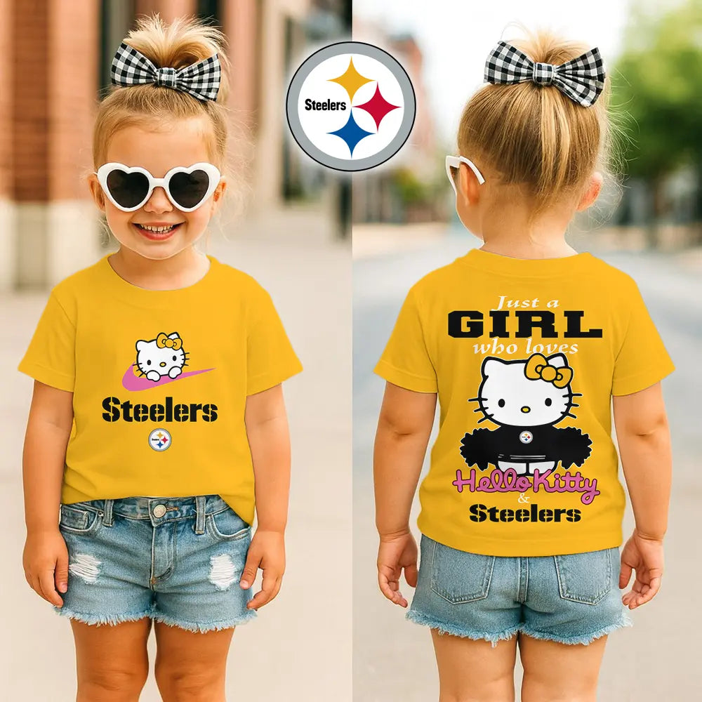 Pittsburgh Steelers | Premium NFL Football Girl Hello Kitty Fan Kid Shirt HI – HuddleStyle.com - Image 3