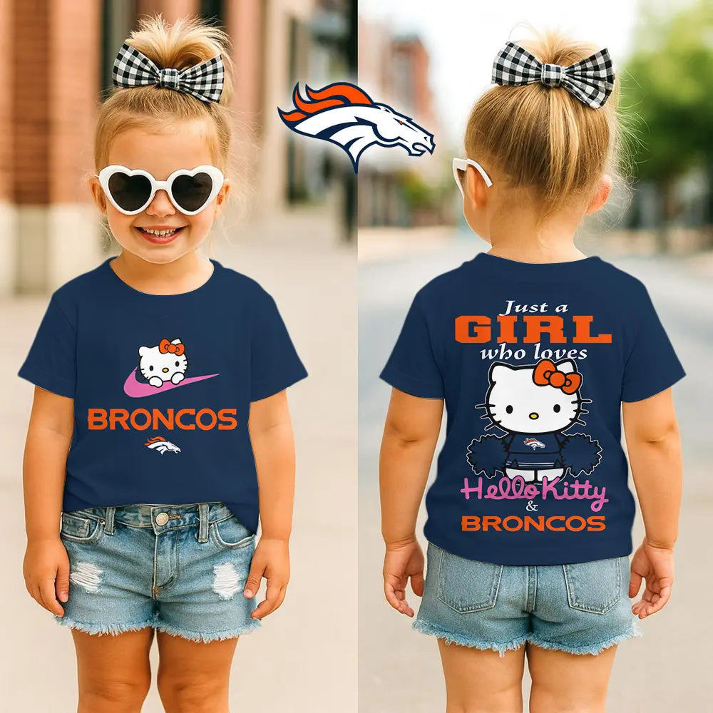 Denver Broncos | Premium NFL Football Girl Hello Kitty Fan Kid Shirt HI – HuddleStyle.com - Image 3