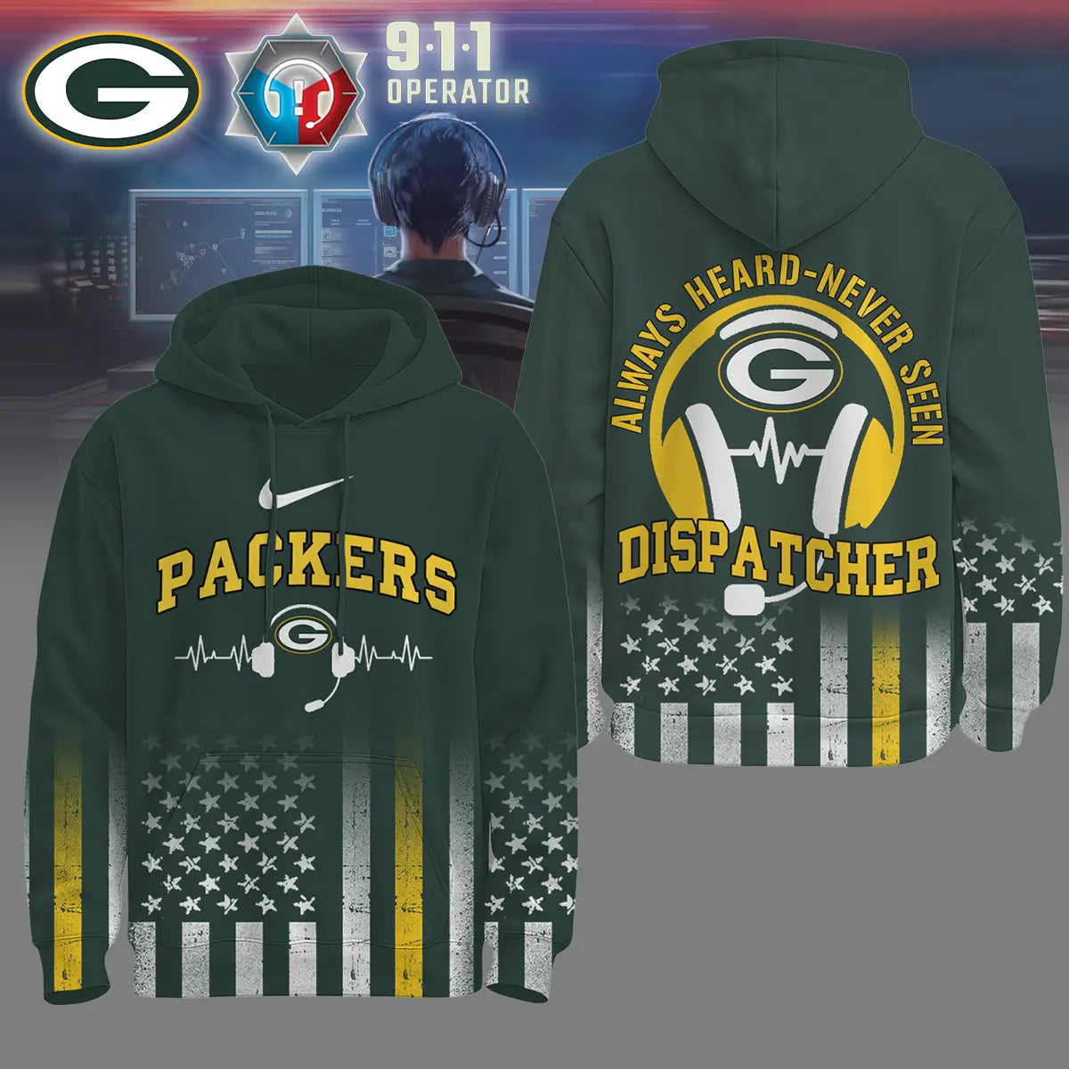 Green Bay Packers | Premium NFL Dispatcher Fan Hoodie – HuddleStyle.com - Image 3