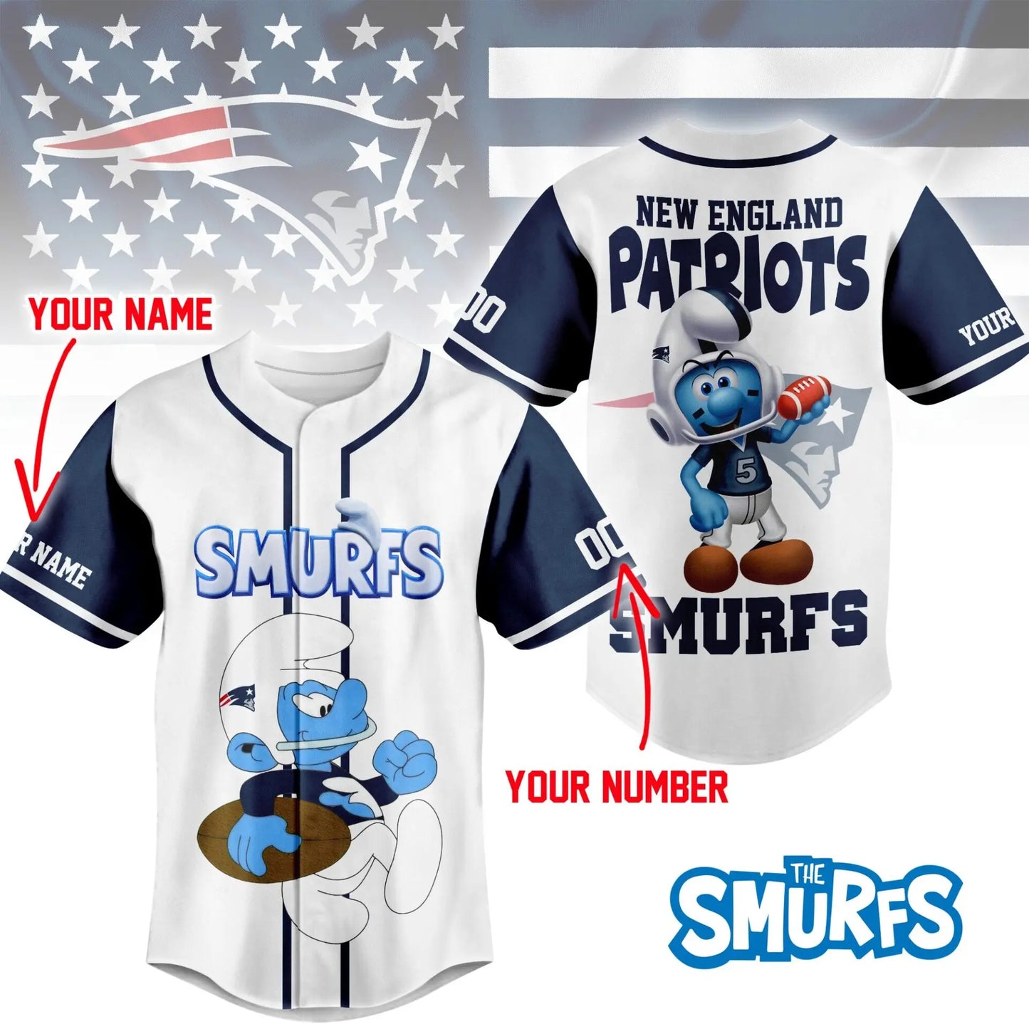 New England Patriots | Premium NFL x Smurfs Jersey NY – HuddleStyle.com - Image 3