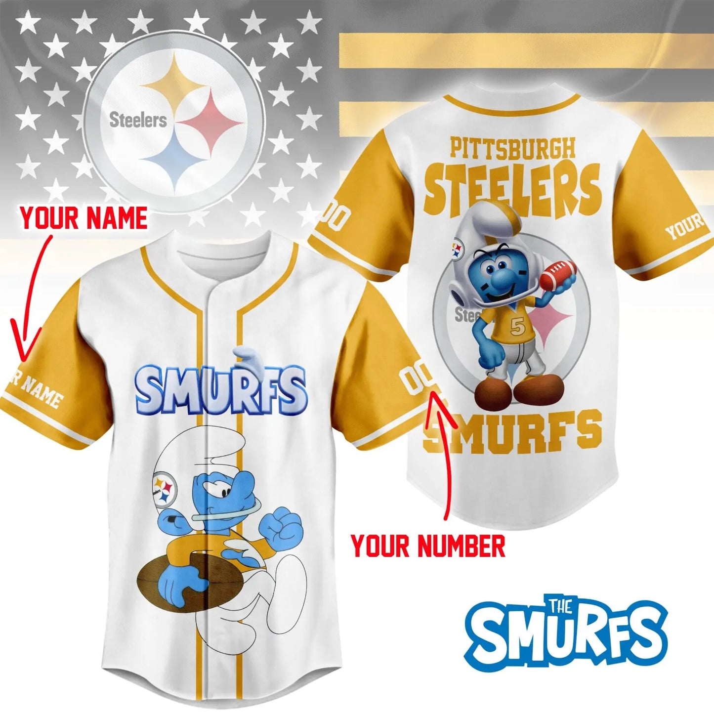 Pittsburgh Steelers | Premium NFL x Smurfs Jersey NY – HuddleStyle.com - Image 3