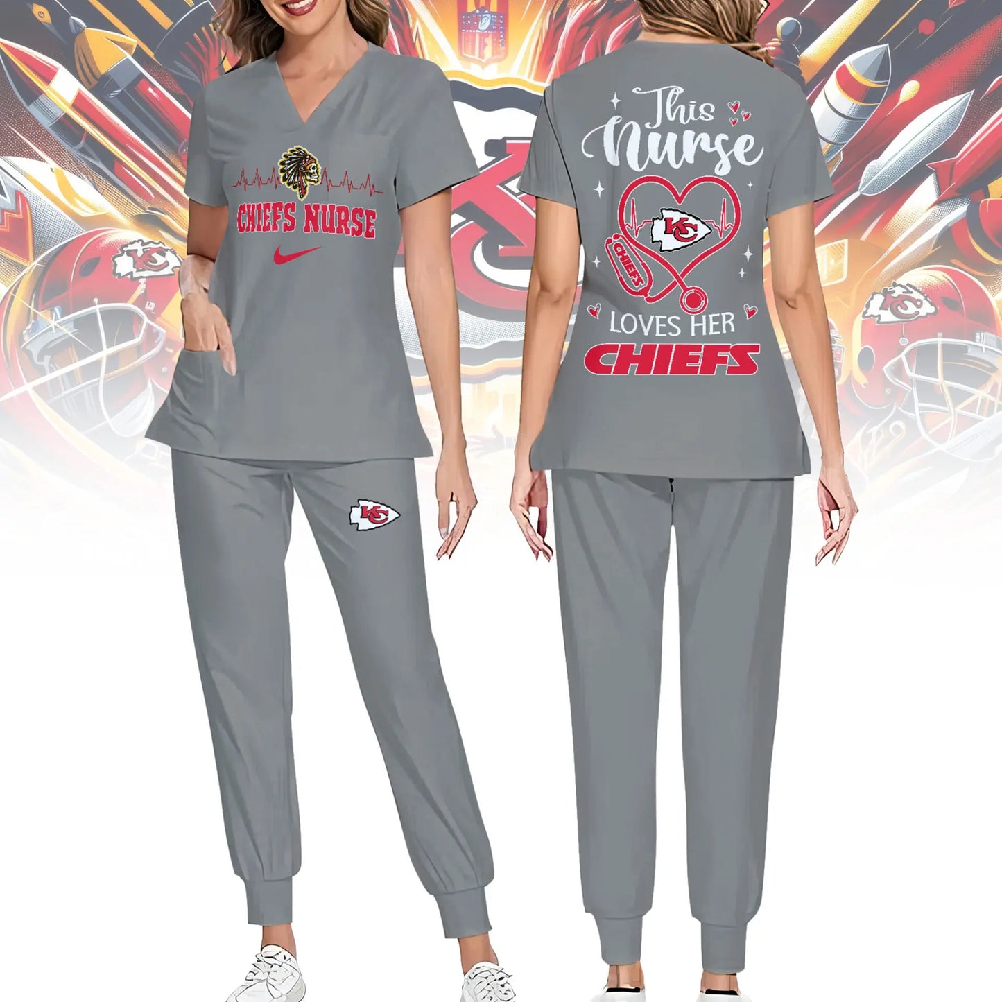 Kansas City Chiefs | Premium NFL Nurse Appreciation Stretch V-Neck Scrub Top And Jogger Pant NY – HuddleStyle.com - Image 3