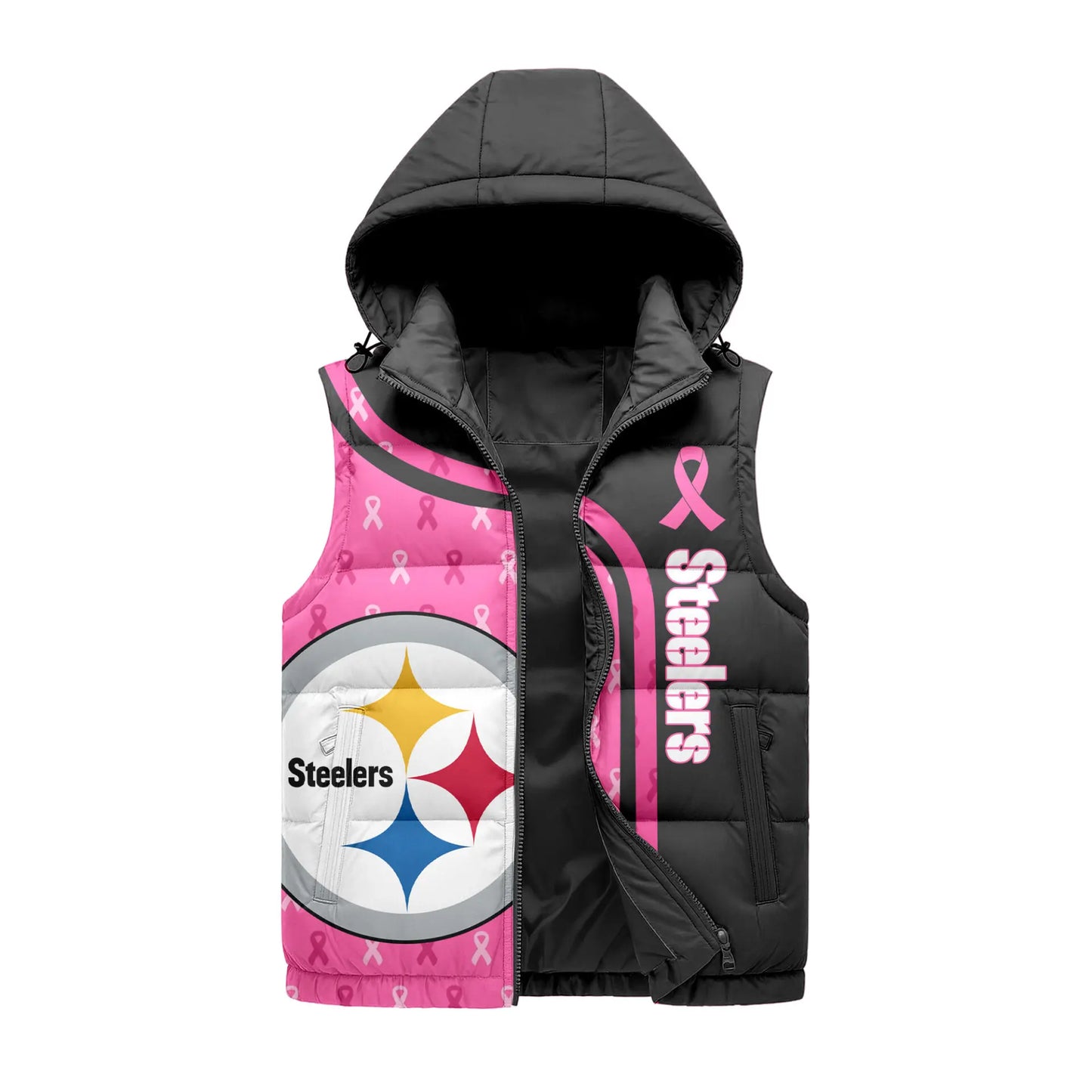 Pittsburgh Steelers | Premium NFL Pink Out Hooded Vest Puffer – HuddleStyle.com - Image 3