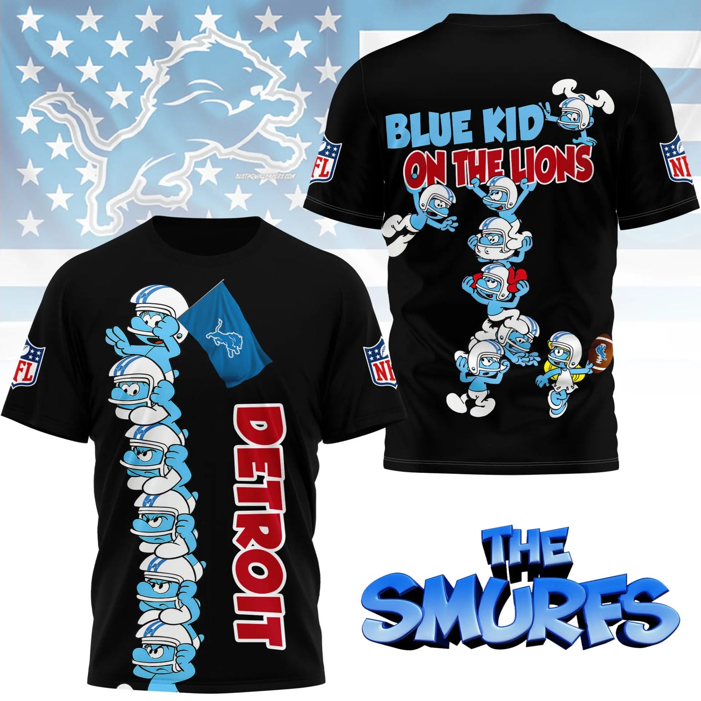 Detroit Lions | Premium NFL x Smurfs 3D Shirt NY – HuddleStyle.com - Image 3