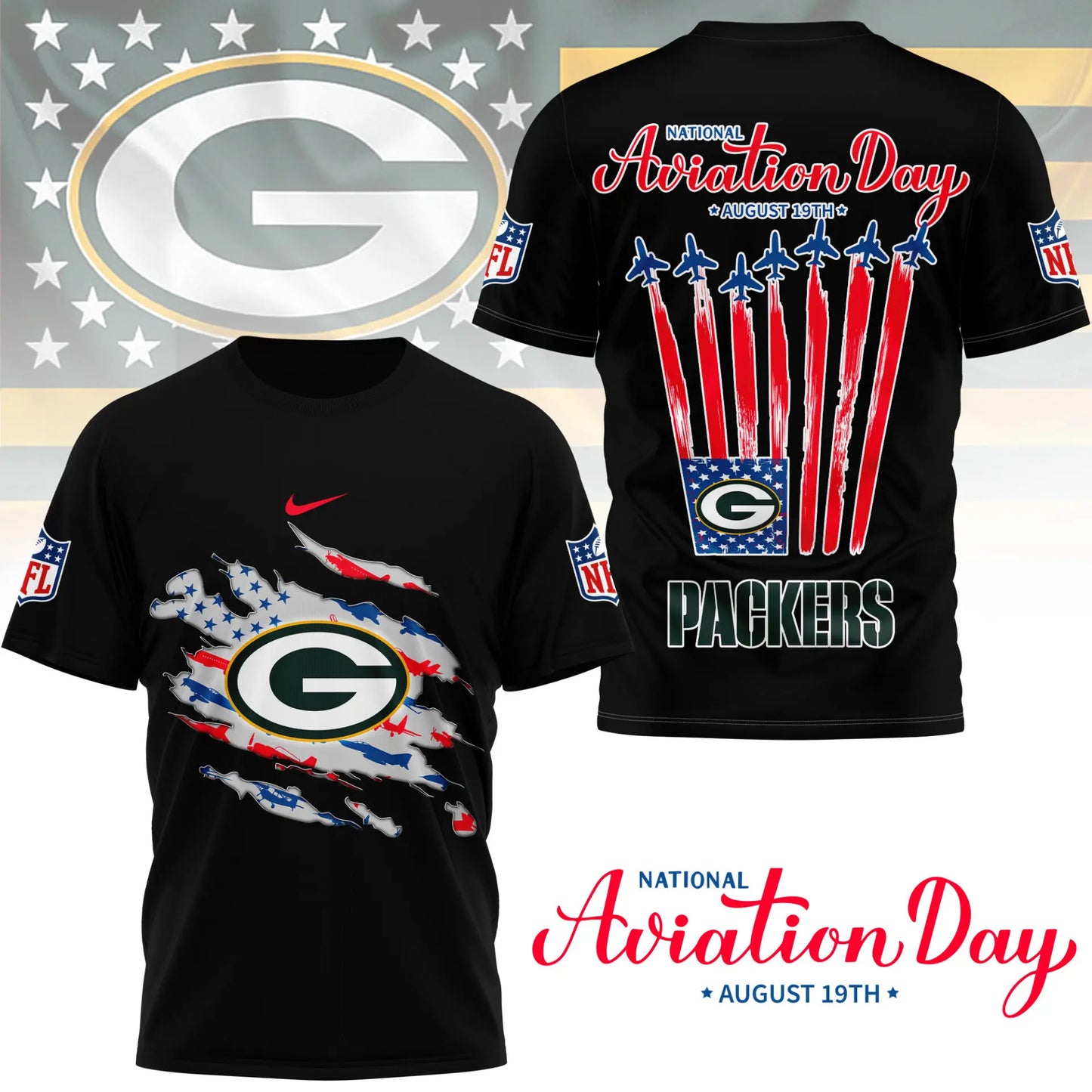 Green Bay Packers | Premium National Aviation Day 3D Shirt NY – HuddleStyle.com - Image 2