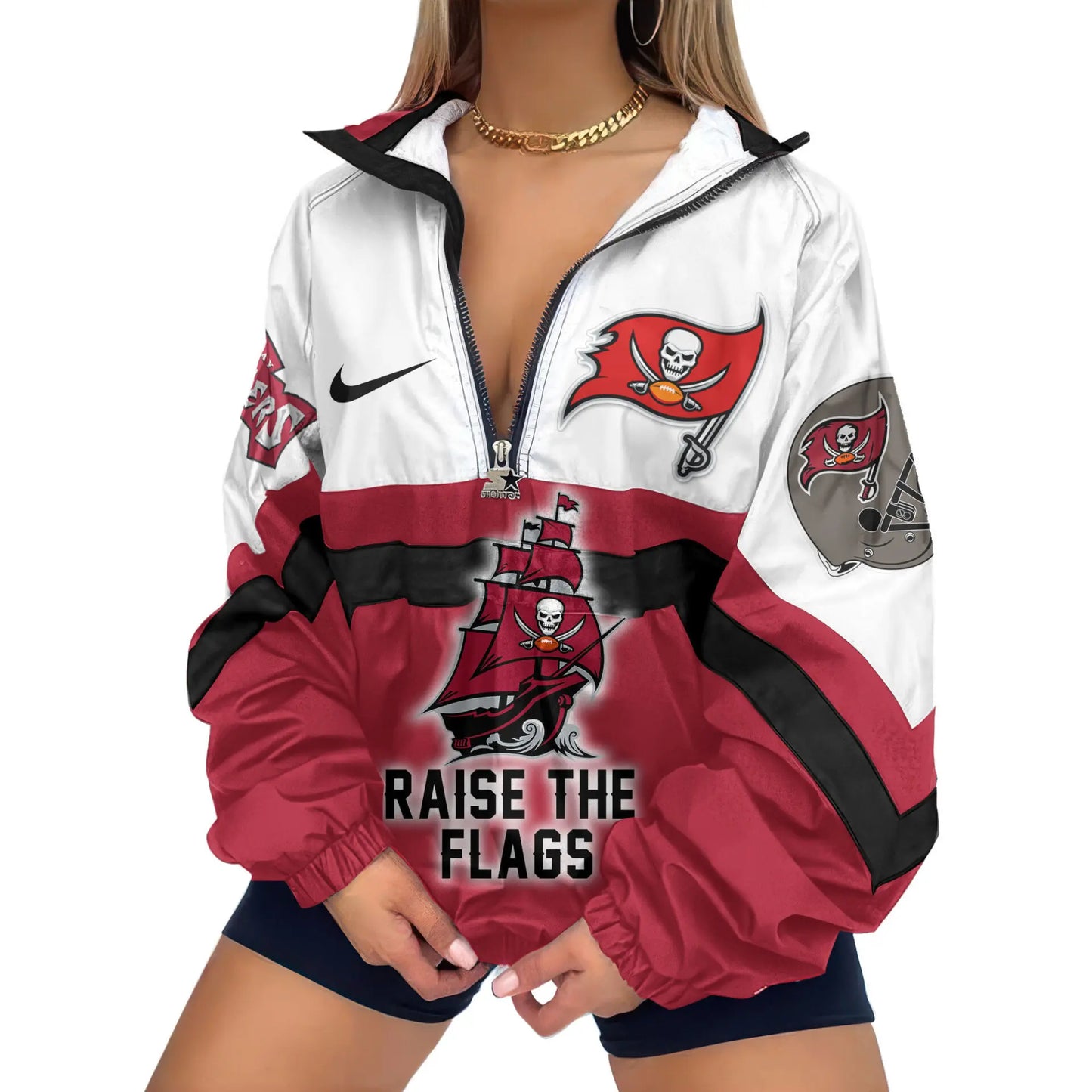 Tampa Bay Buccaneers | Premium Women’s Printed V-Neck Zipper Sweatshirt Jackets TD – HuddleStyle.com - Image 2