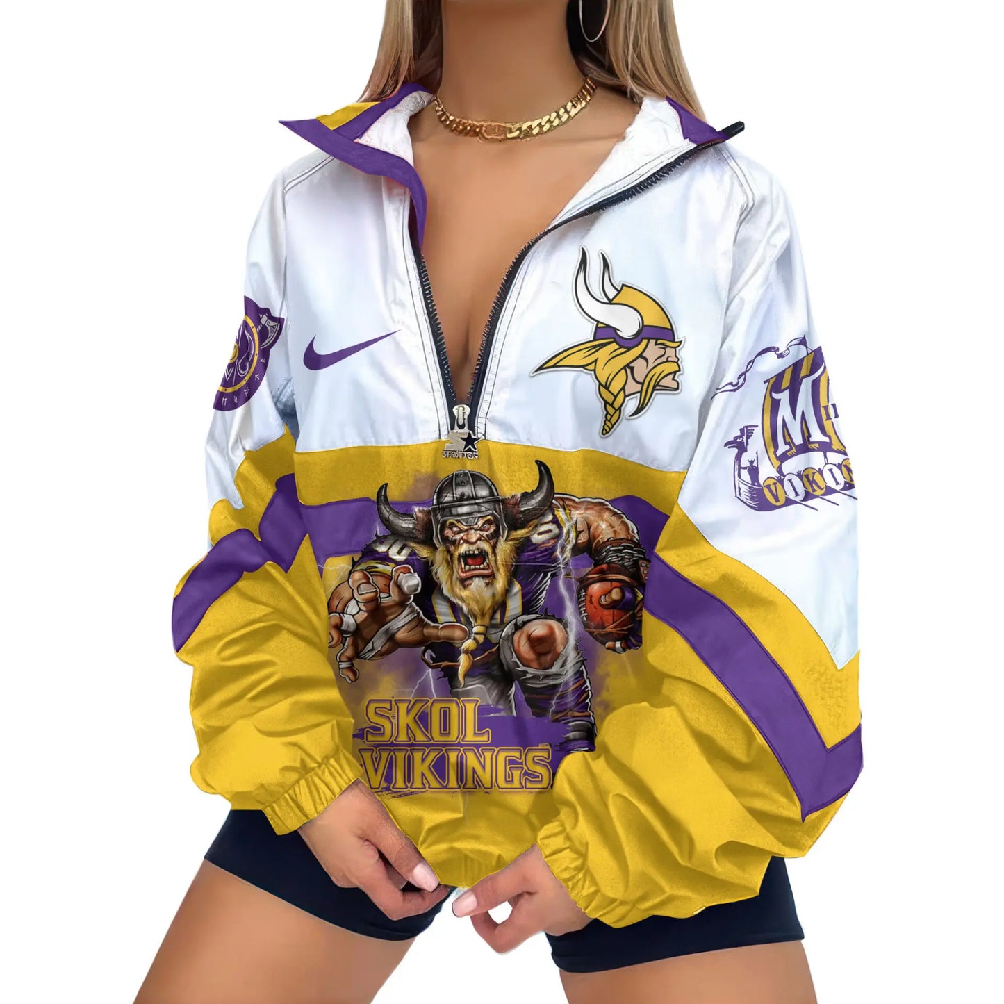 Minnesota Vikings | Premium Women’s Printed V-Neck Zipper Sweatshirt Jackets TD – HuddleStyle.com - Image 2