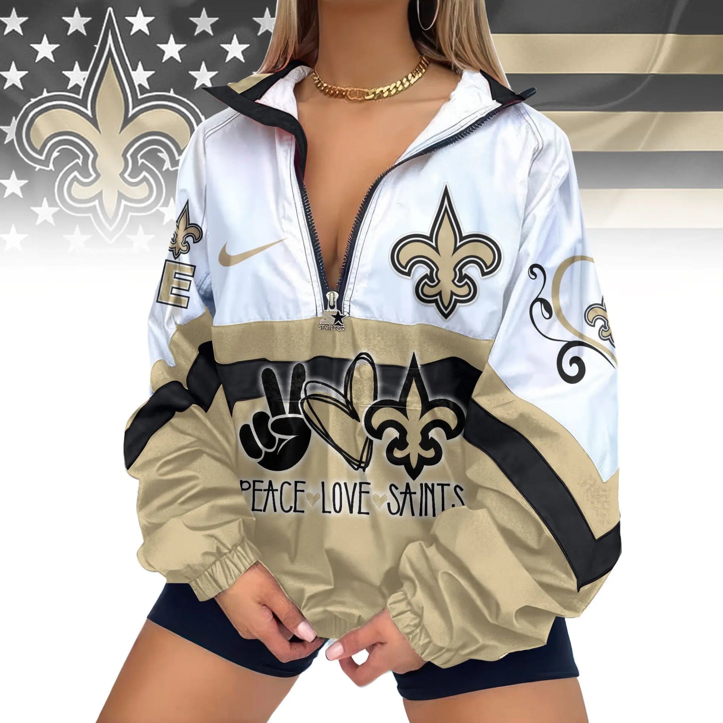 New Orleans Saints | Premium Women’s Printed V-Neck Zipper Sweatshirt Jackets TD – HuddleStyle.com - Image 2