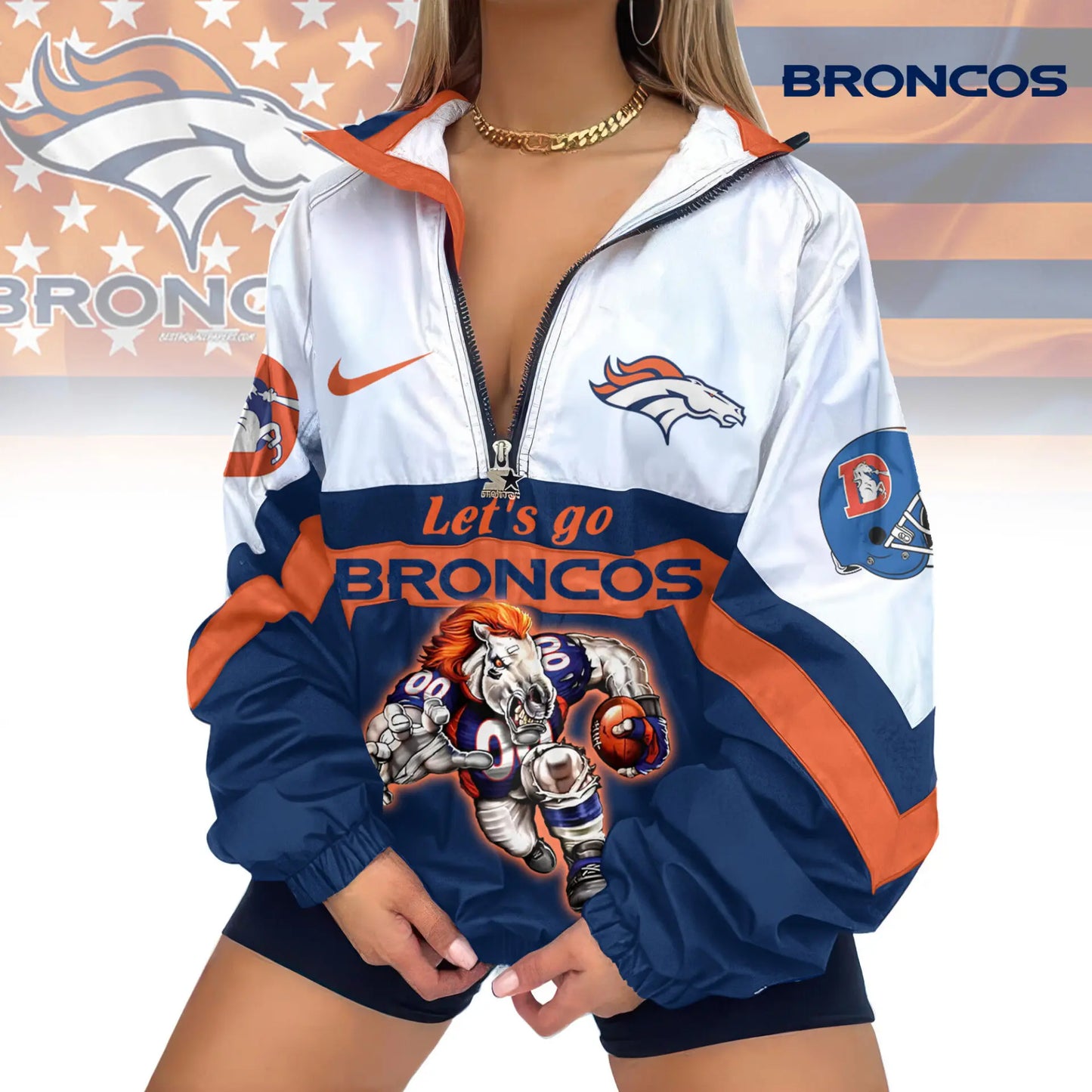Denver Broncos | Premium Women’s Printed V-Neck Zipper Sweatshirt Jackets TD – HuddleStyle.com - Main