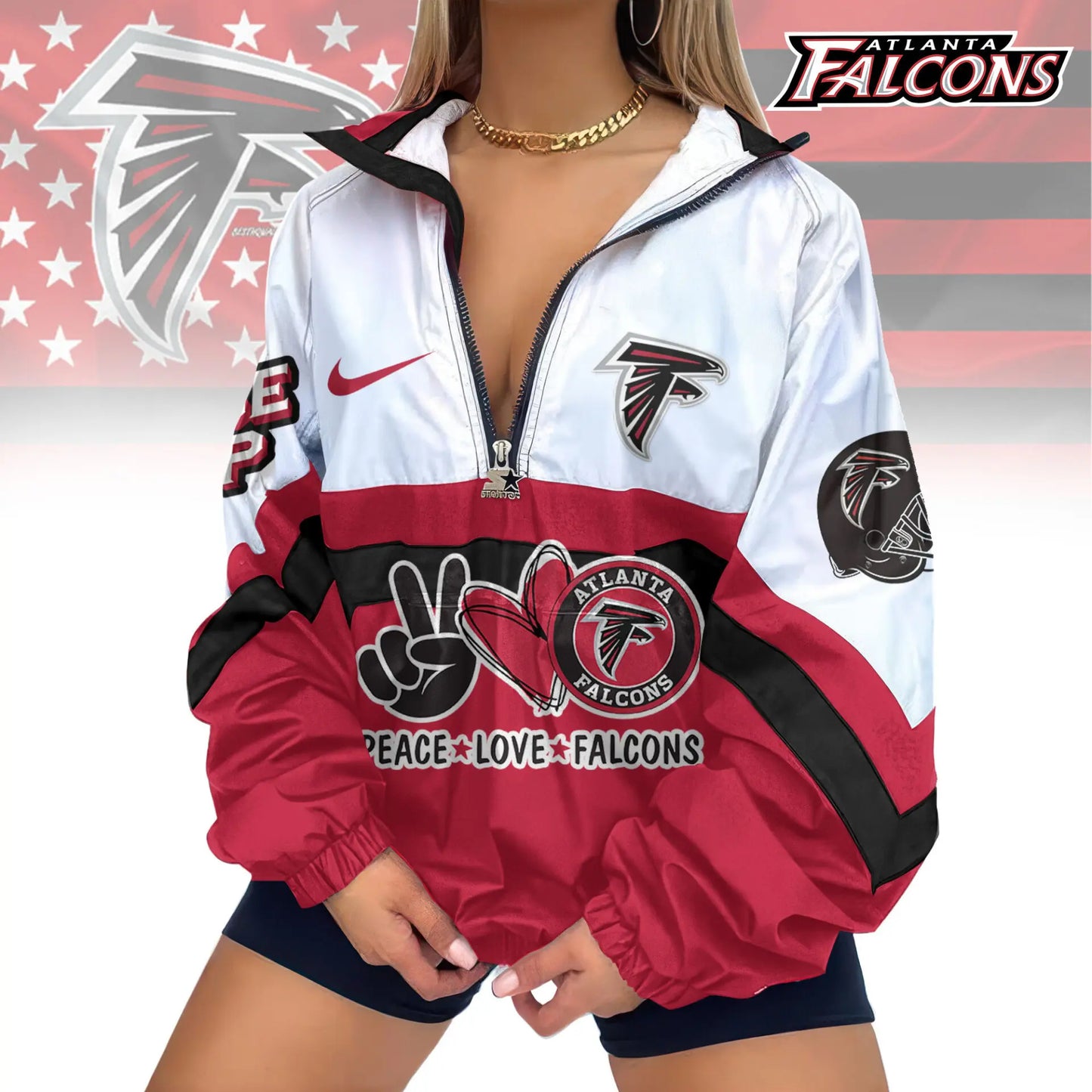 Atlanta Falcons | Premium Women’s Printed V-Neck Zipper Sweatshirt Jackets TD – HuddleStyle.com - Image 2