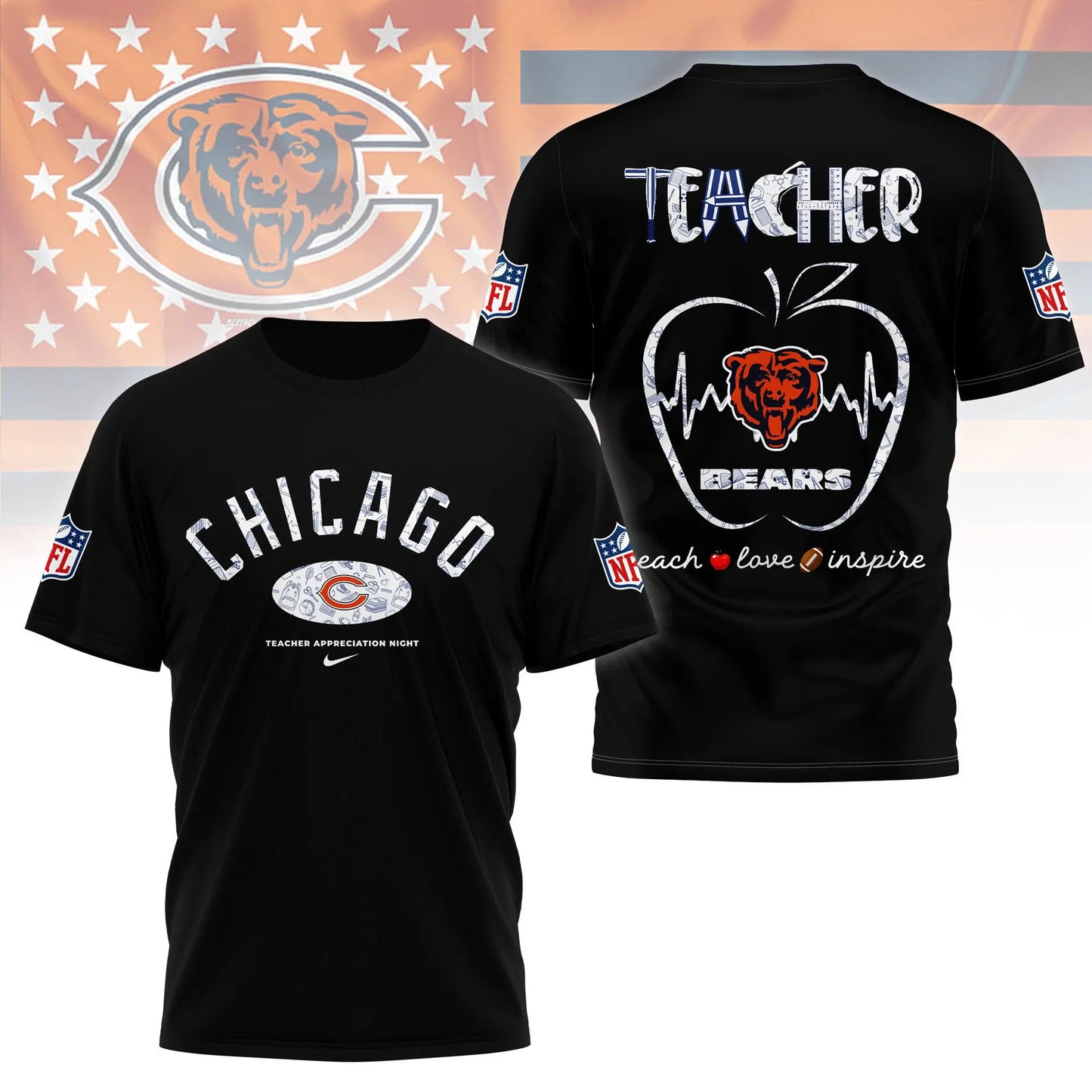 Chicago Bears |PREMIUM 3D TEACHER APPRECIATION DAY SHIRT NY – HuddleStyle.com - Image 4