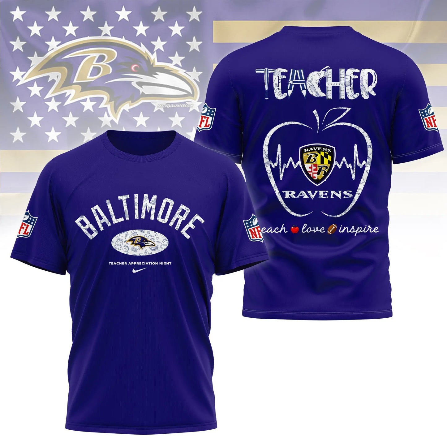 Baltimore Ravens |PREMIUM 3D TEACHER APPRECIATION DAY SHIRT NY – HuddleStyle.com - Image 5