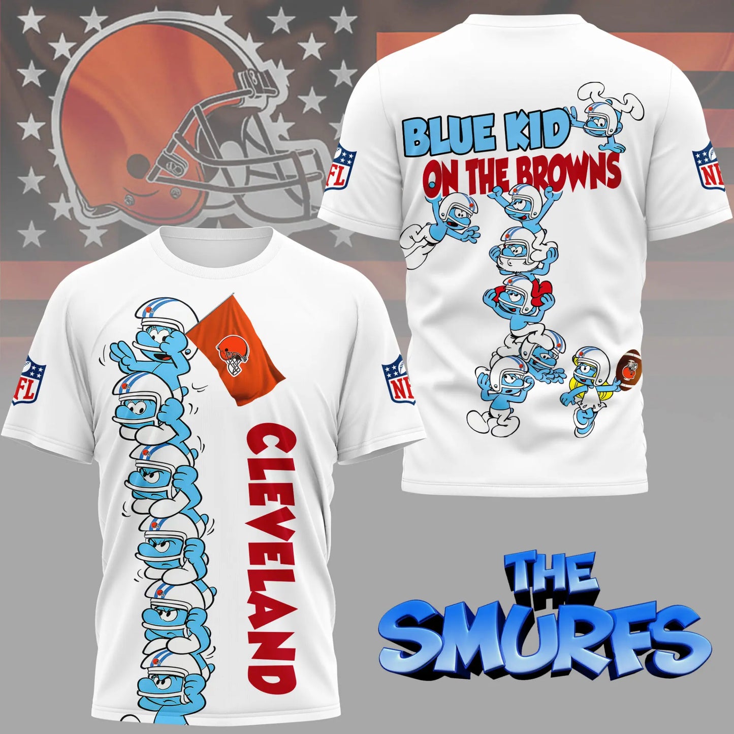 Cleveland Browns | Premium NFL x Smurfs 3D Shirt NY – HuddleStyle.com - Image 3