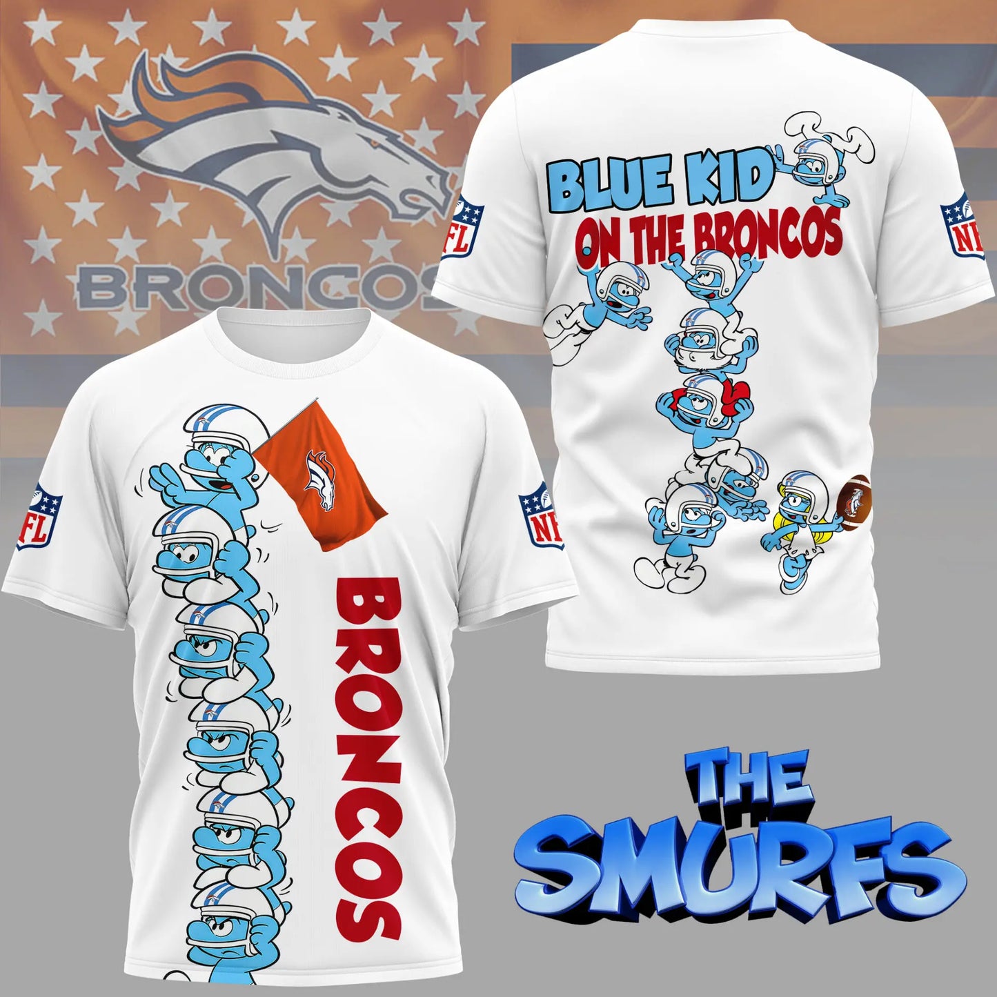 Denver Broncos | Premium NFL x Smurfs 3D Shirt NY – HuddleStyle.com - Image 3