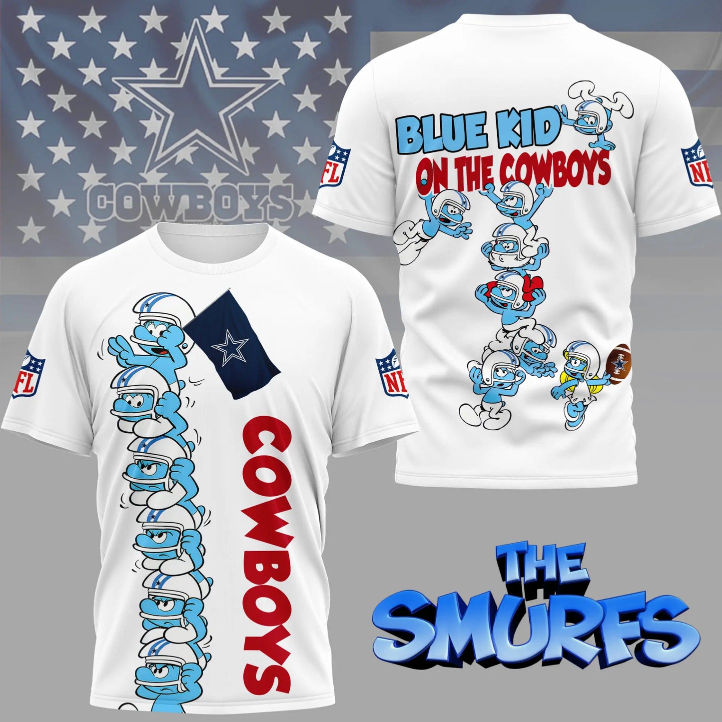 Dallas Cowboys | Premium NFL x Smurfs 3D Shirt NY – HuddleStyle.com - Image 3