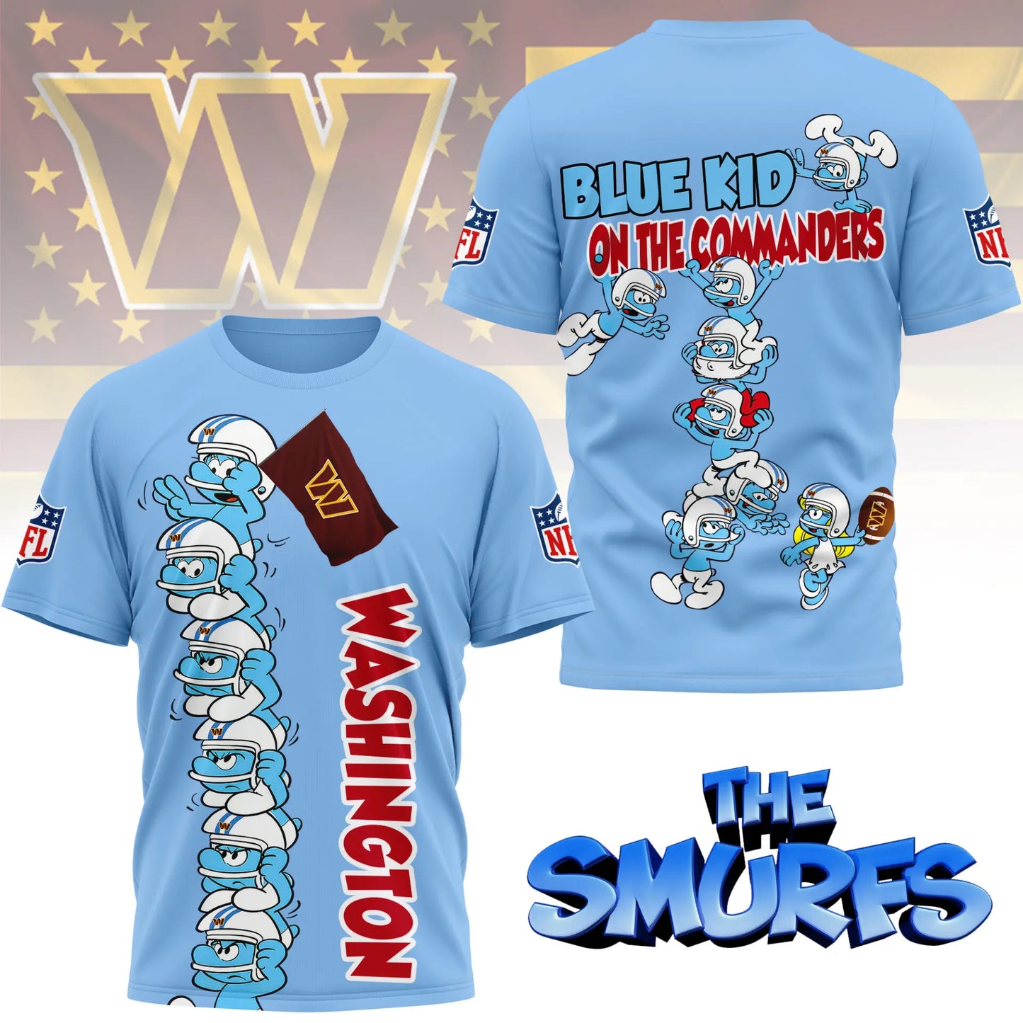 Washington Commanders | Premium NFL x Smurfs 3D Shirt NY – HuddleStyle.com - Image 3