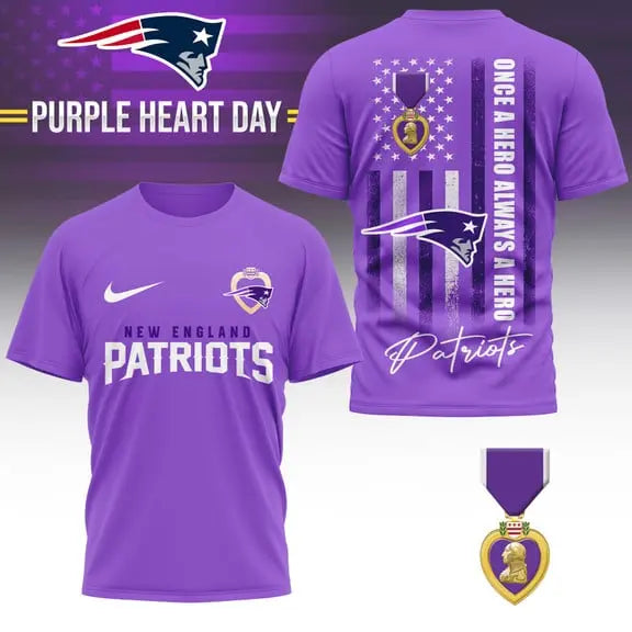New England Patriots | Premium National Purple Heart Day 3D Shirt HI – HuddleStyle.com - Main