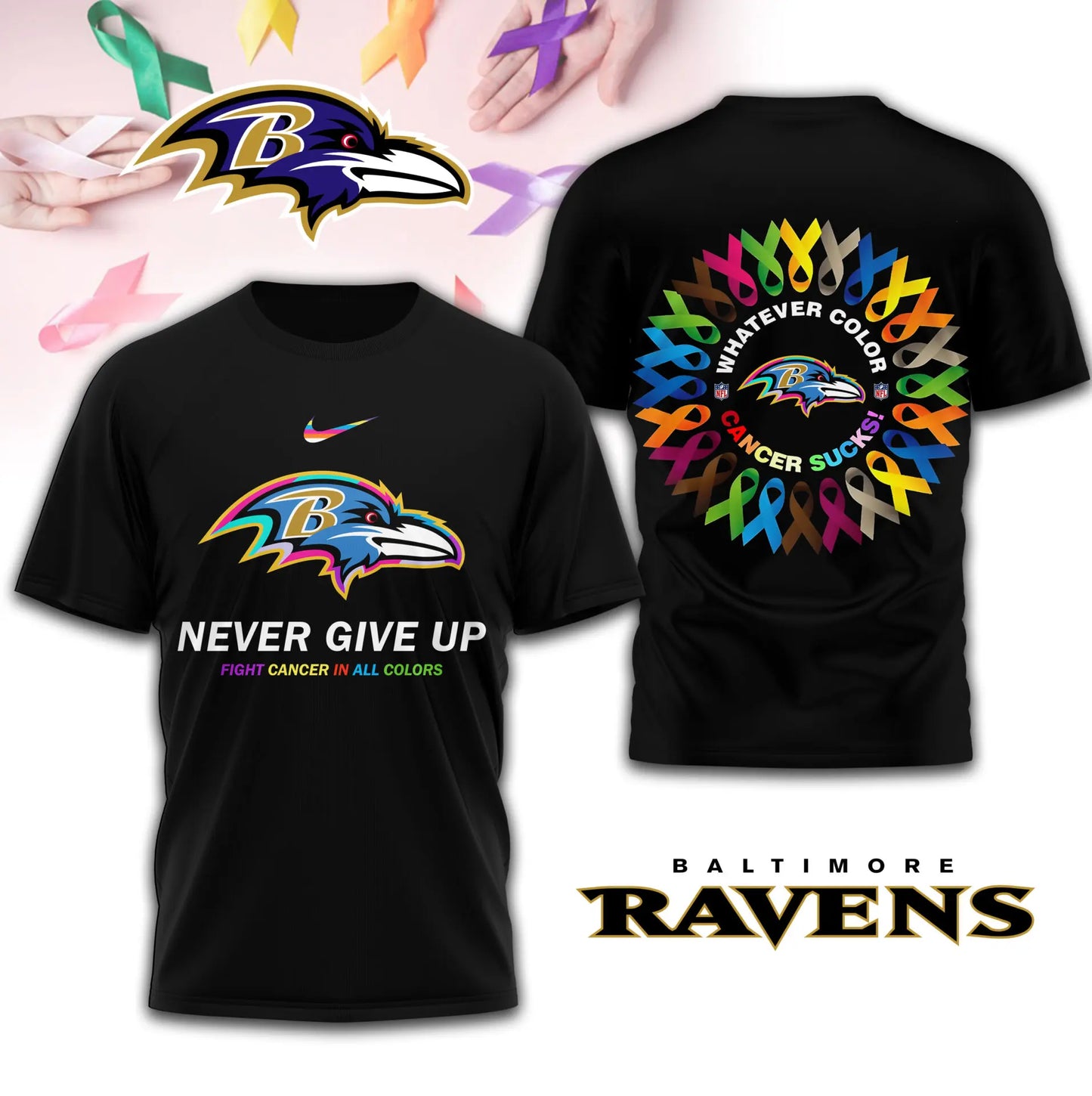Baltimore Ravens | Premium Fight Cancer In All Colors 3D Shirt TD – HuddleStyle.com - Main