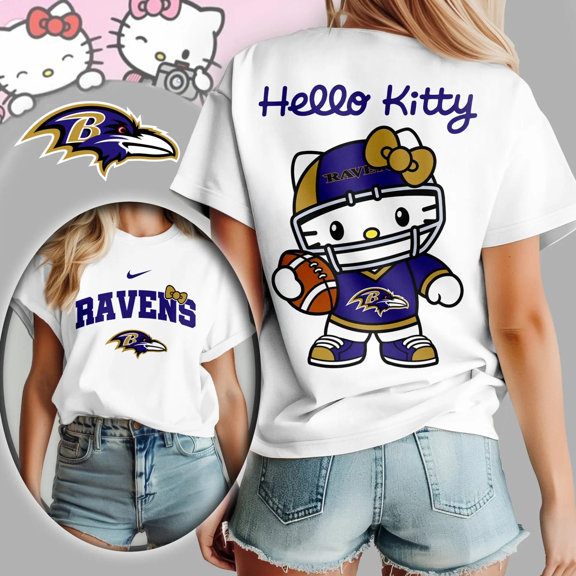 Baltimore Ravens | Premium NFL Hello Kitty 3D Shirt TD – HuddleStyle.com - Image 2