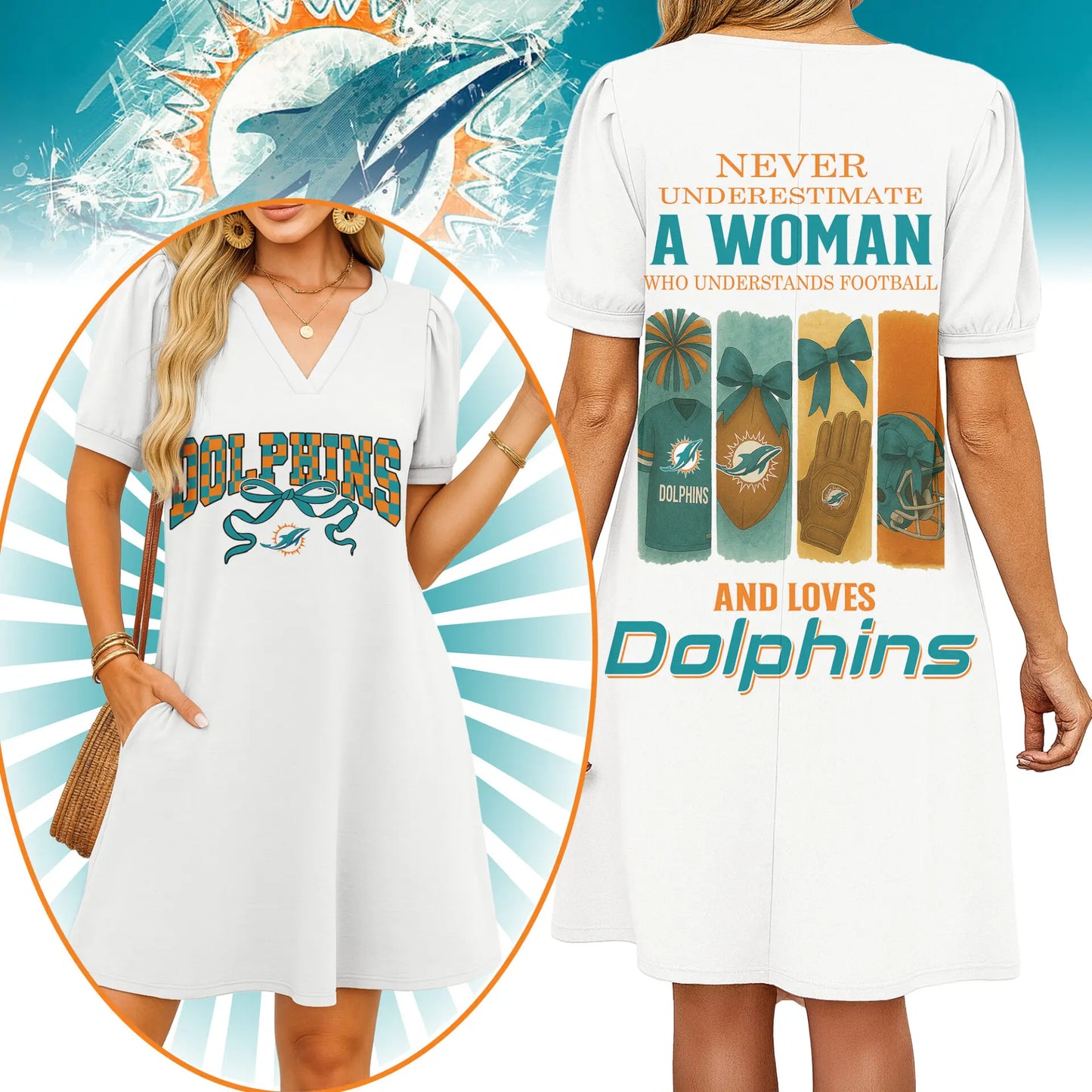 Miami Dolphins | Premium NFL V-neck Dress HI – HuddleStyle.com - Main