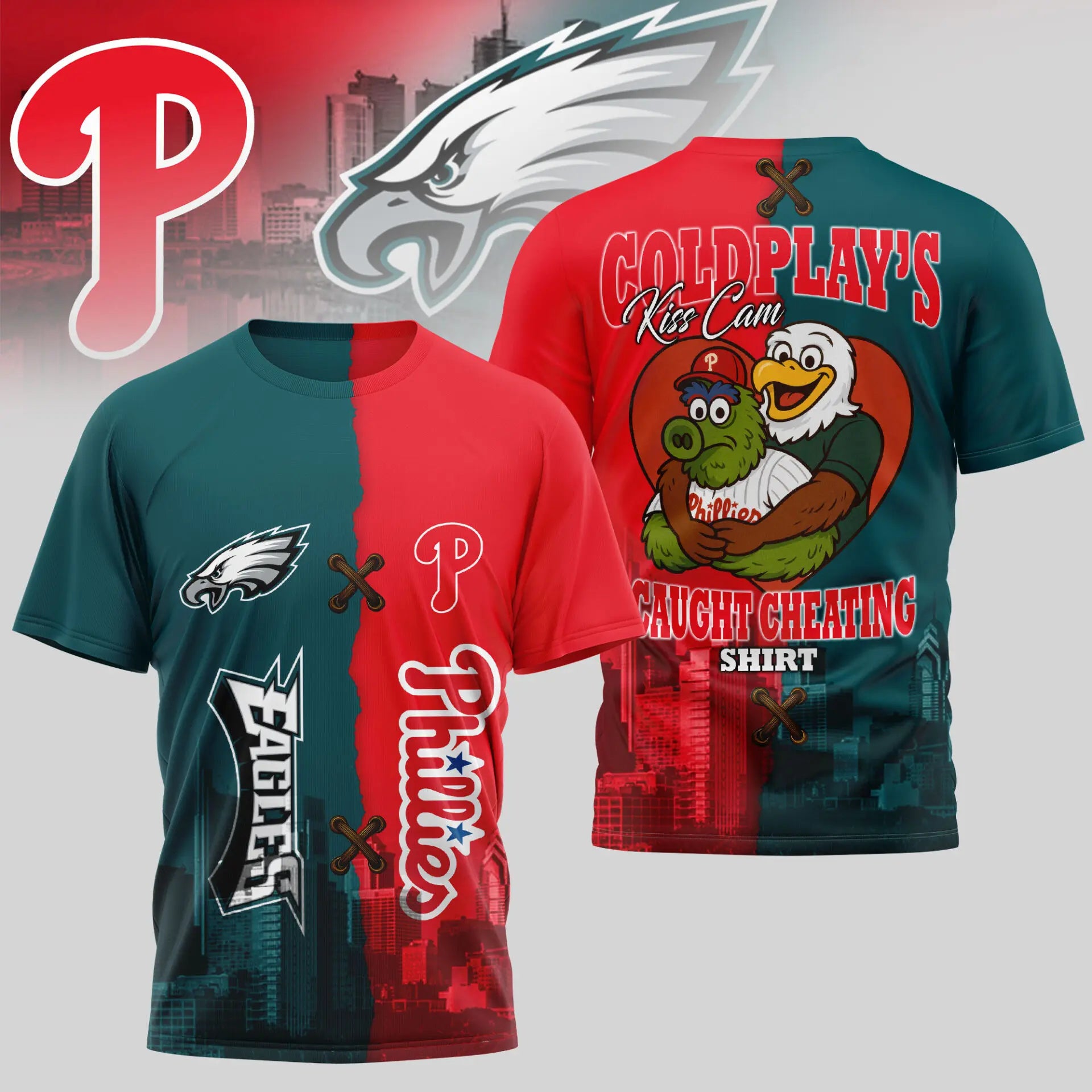 Philadelphia Eagles – Philadelphia Phillies | Kiss Cam Caught Cheating 3D Shirt TD – HuddleStyle.com - Main