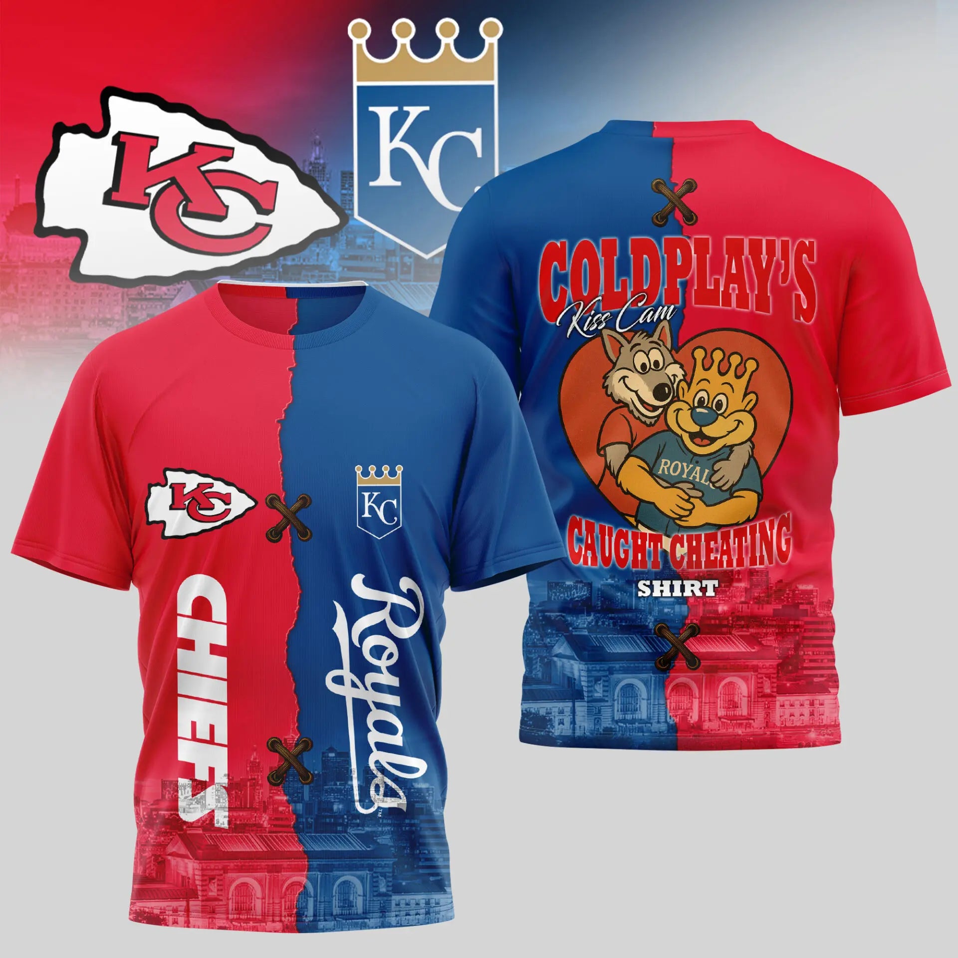 Kansas City Chiefs – Kansas City Royals | Kiss Cam Caught Cheating 3D Shirt TD – HuddleStyle.com - Image 2