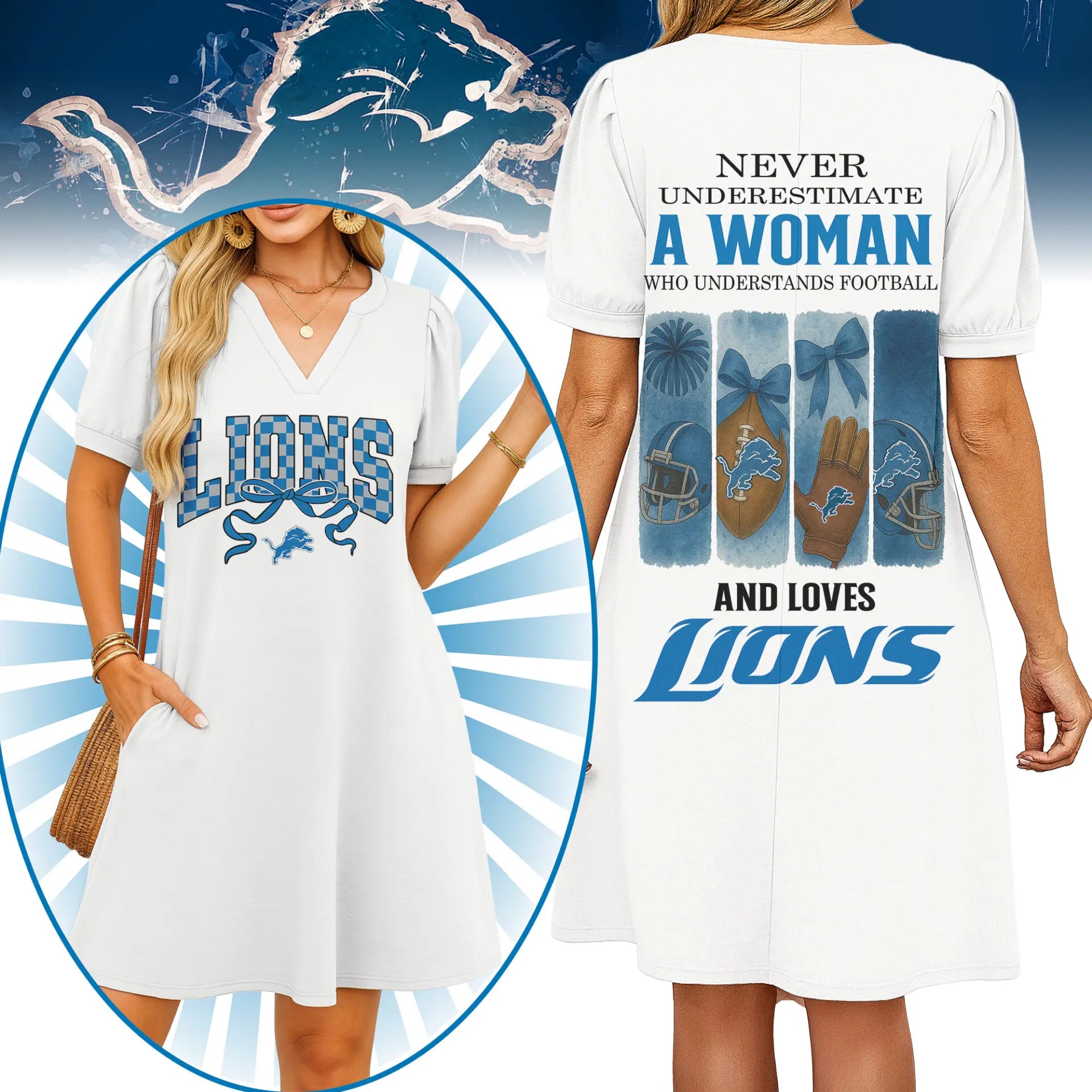 Detroit Lions | Premium NFL V-neck Dress HI – HuddleStyle.com - Main