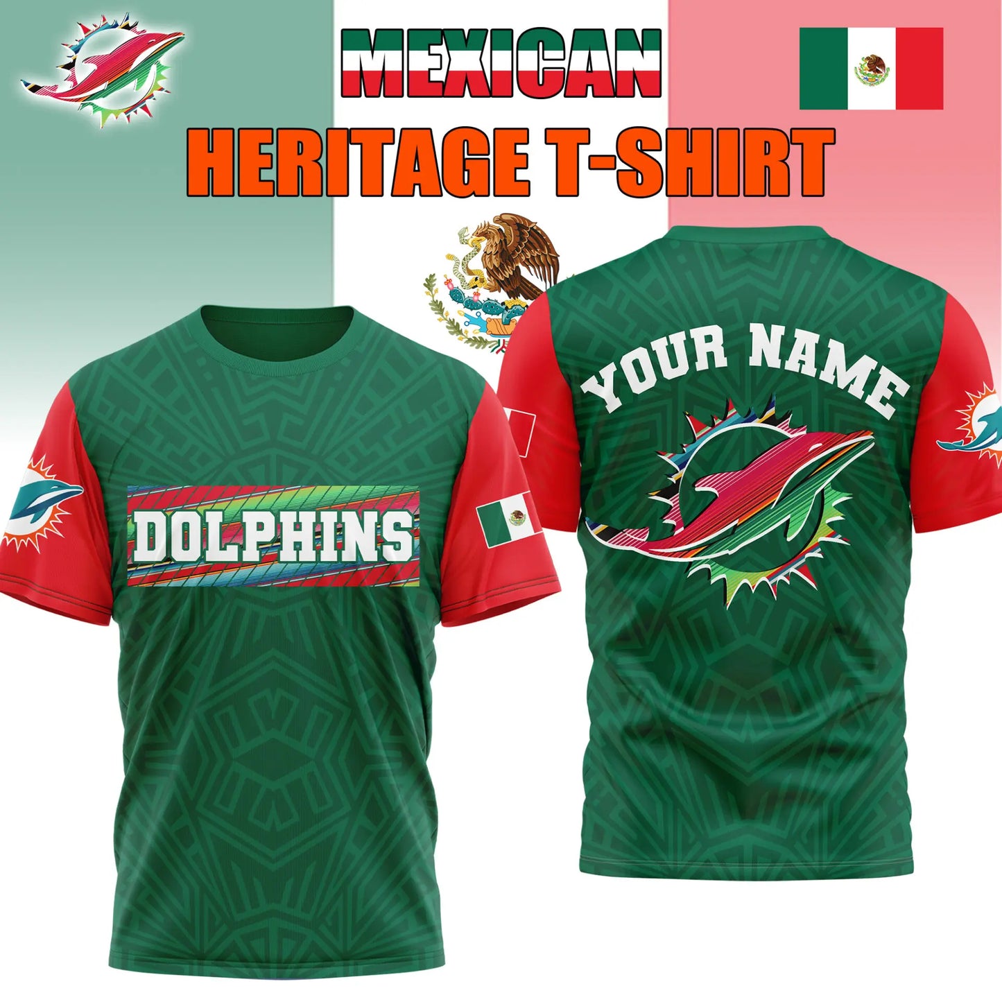 Miami Dolphins | Premium NFL Mexican Heritage Celebration 3D Shirt HI – HuddleStyle.com - Image 3