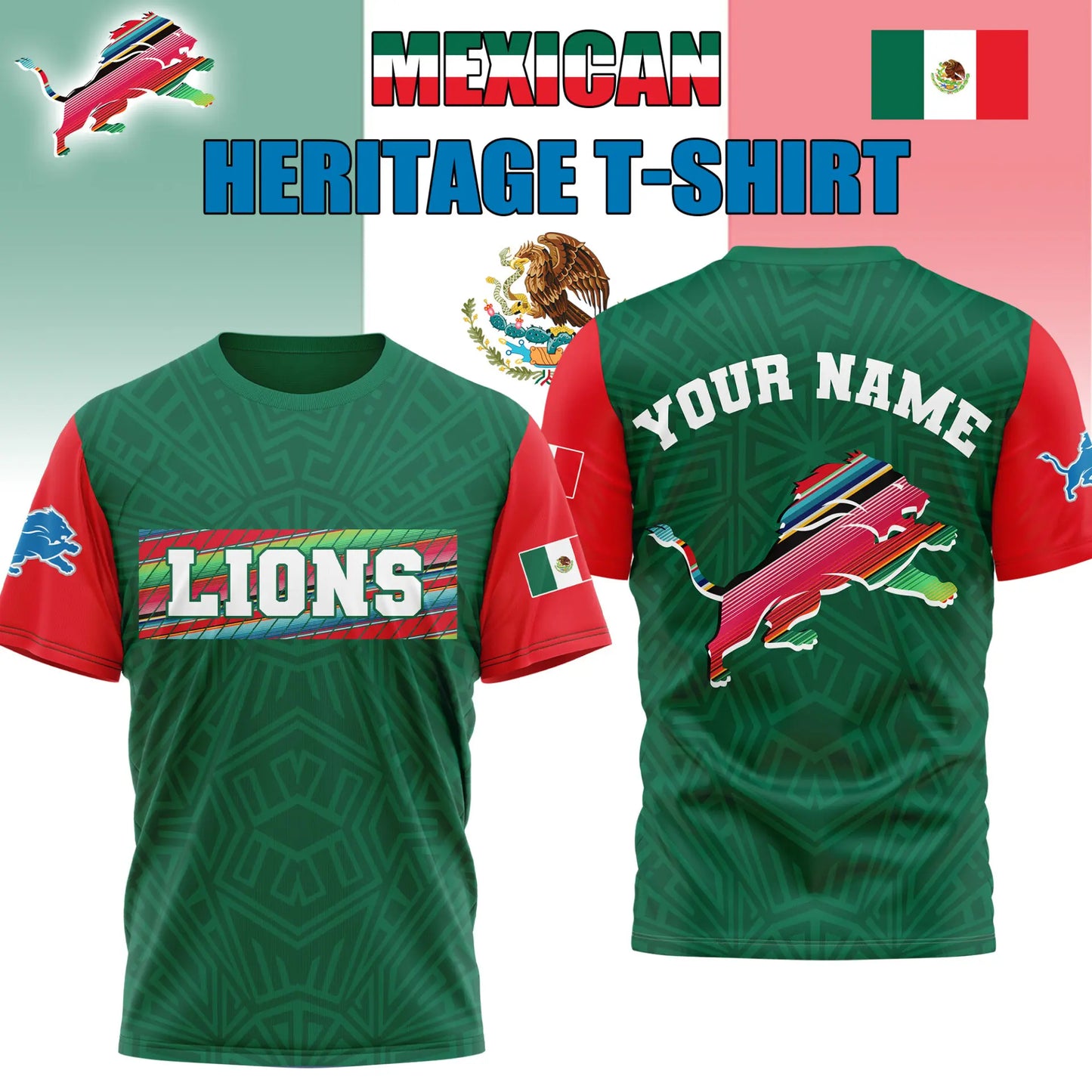 Detroit Lions | Premium NFL Mexican Heritage Celebration 3D Shirt HI – HuddleStyle.com - Image 3