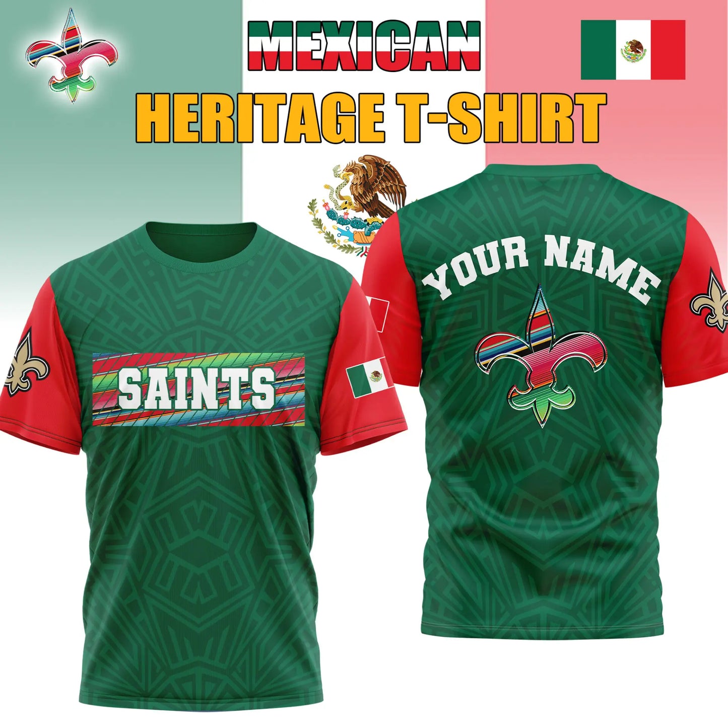 New Orleans Saints| Premium NFL Mexican Heritage Celebration 3D Shirt HI – HuddleStyle.com - Image 2