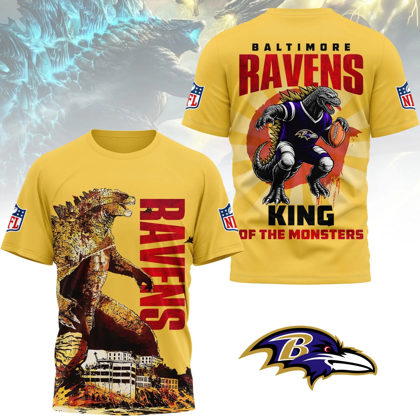 Baltimore Ravens | Premium NFL Godzilla King of the Monsters 3D Shirt NY – HuddleStyle.com - Main