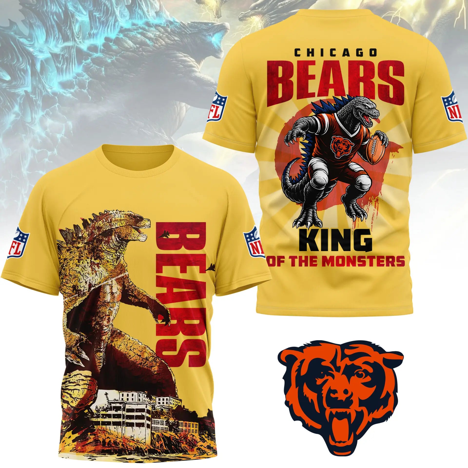 Chicago Bears | Premium NFL Godzilla King of the Monsters 3D Shirt NY – HuddleStyle.com - Image 3