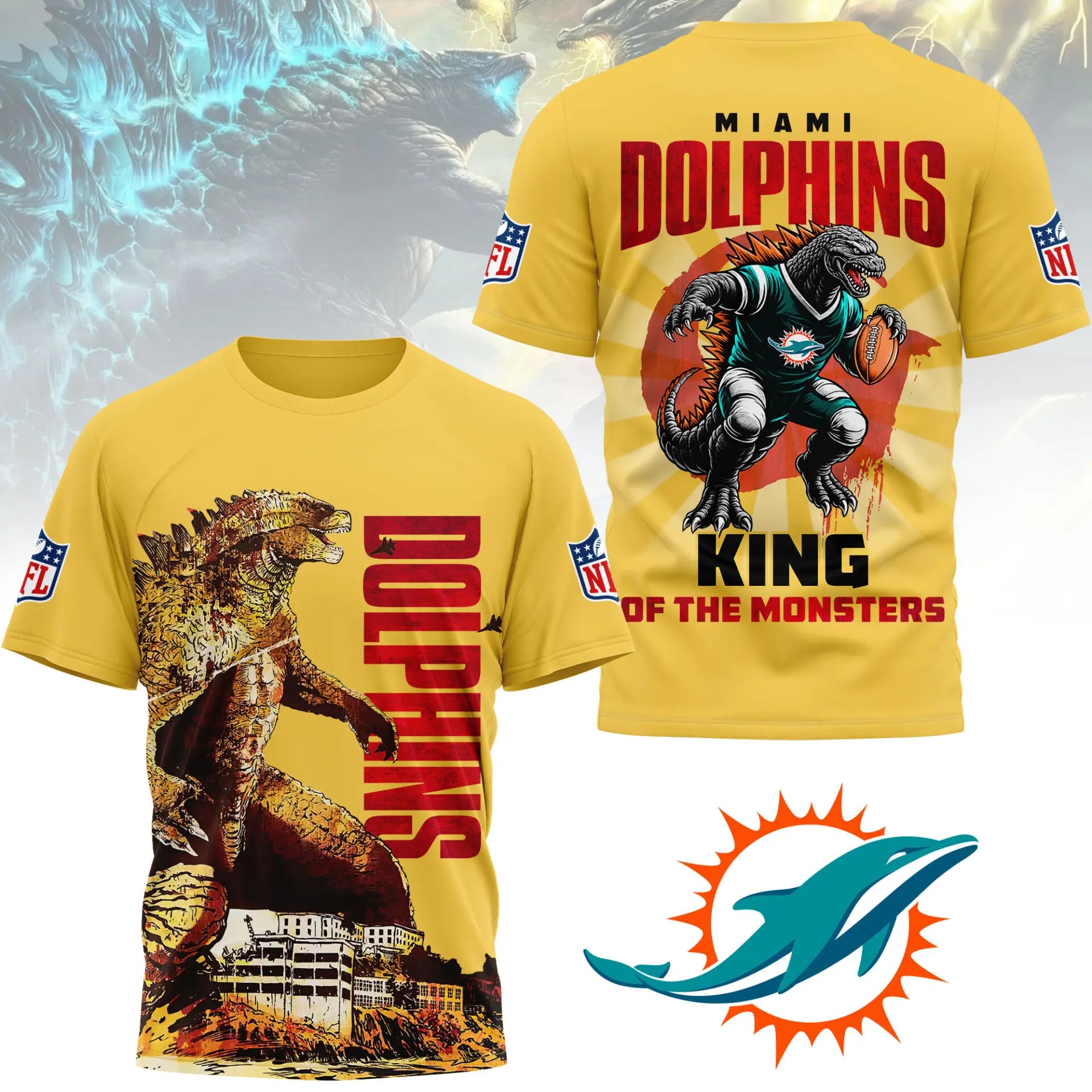 Miami Dolphins | Premium NFL Godzilla King of the Monsters 3D Shirt NY – HuddleStyle.com - Image 3