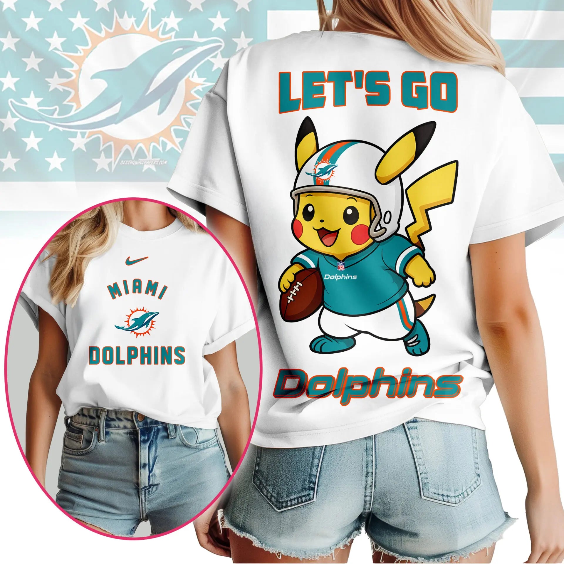 Miami Dolphins | Premium NFL Pokemon Fan 3D Shirt NY – HuddleStyle.com - Image 3