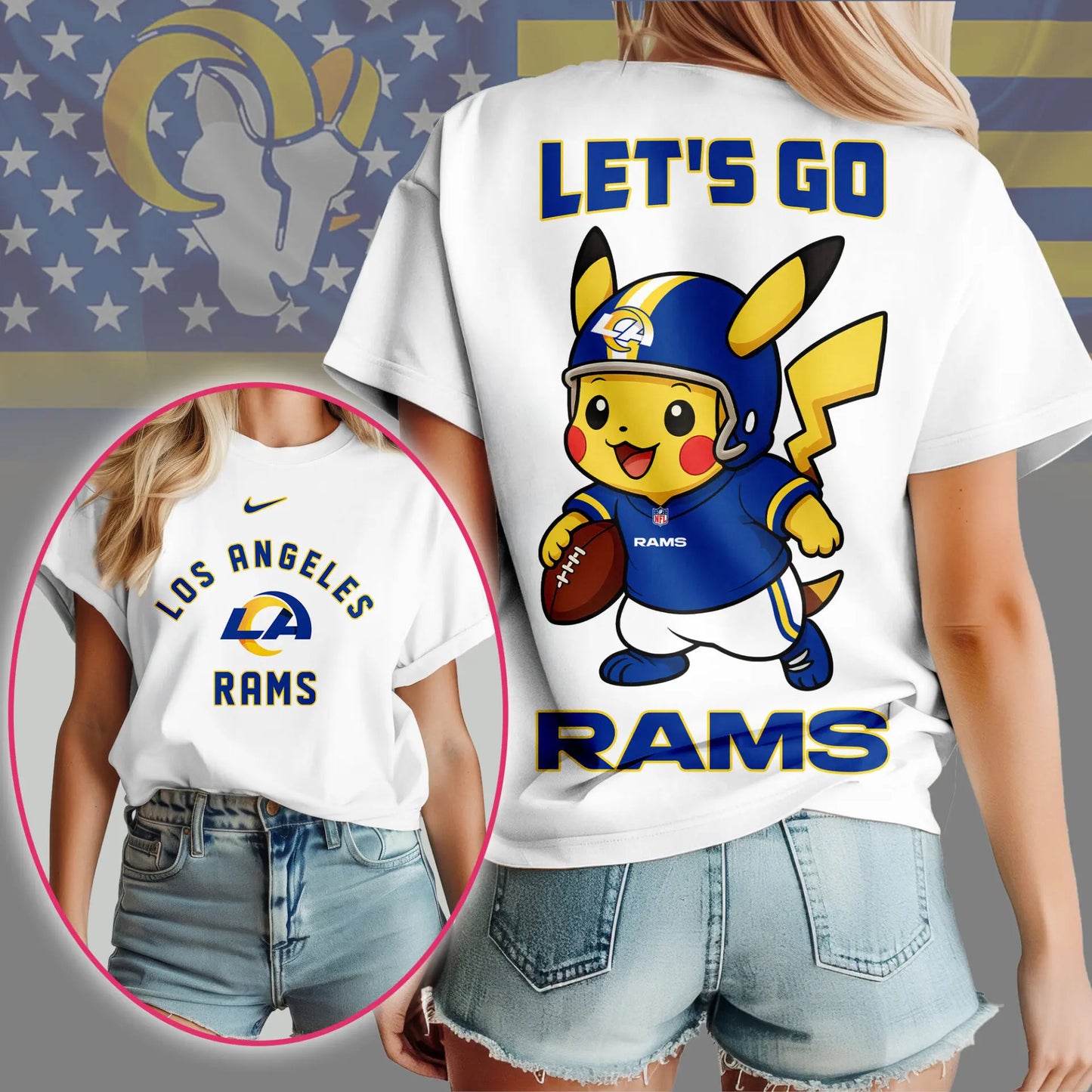 Los Angeles Rams | Premium NFL Pokemon Fan 3D Shirt NY – HuddleStyle.com - Main