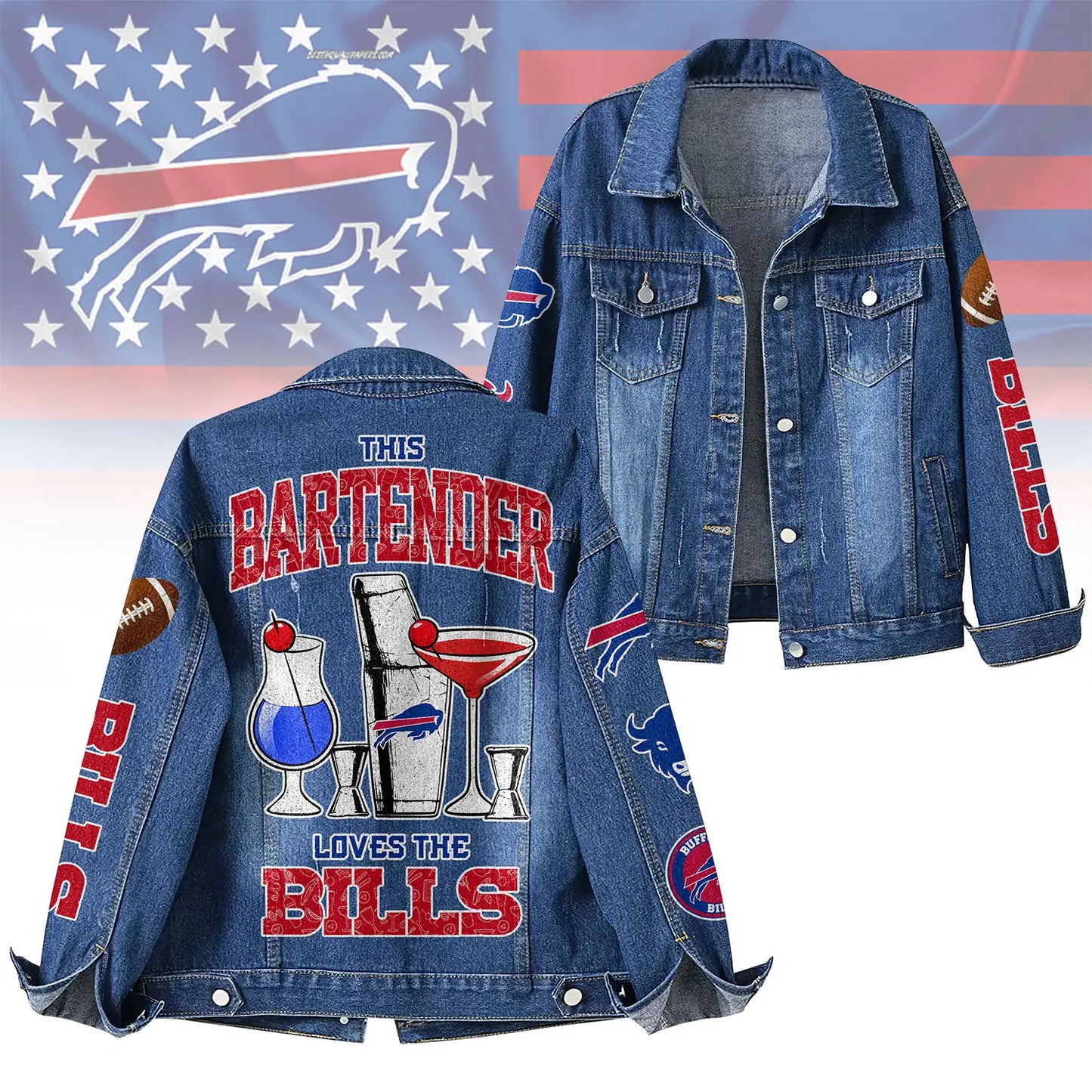 Buffalo Bills | Premium NFL Bartender Fan Denim Jacket NY – HuddleStyle.com - Main