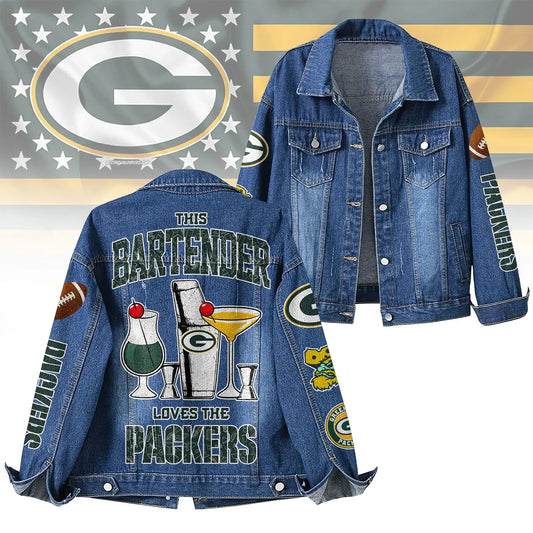 Green Bay Packers | Premium NFL Bartender Fan Denim Jacket NY – HuddleStyle.com - Main