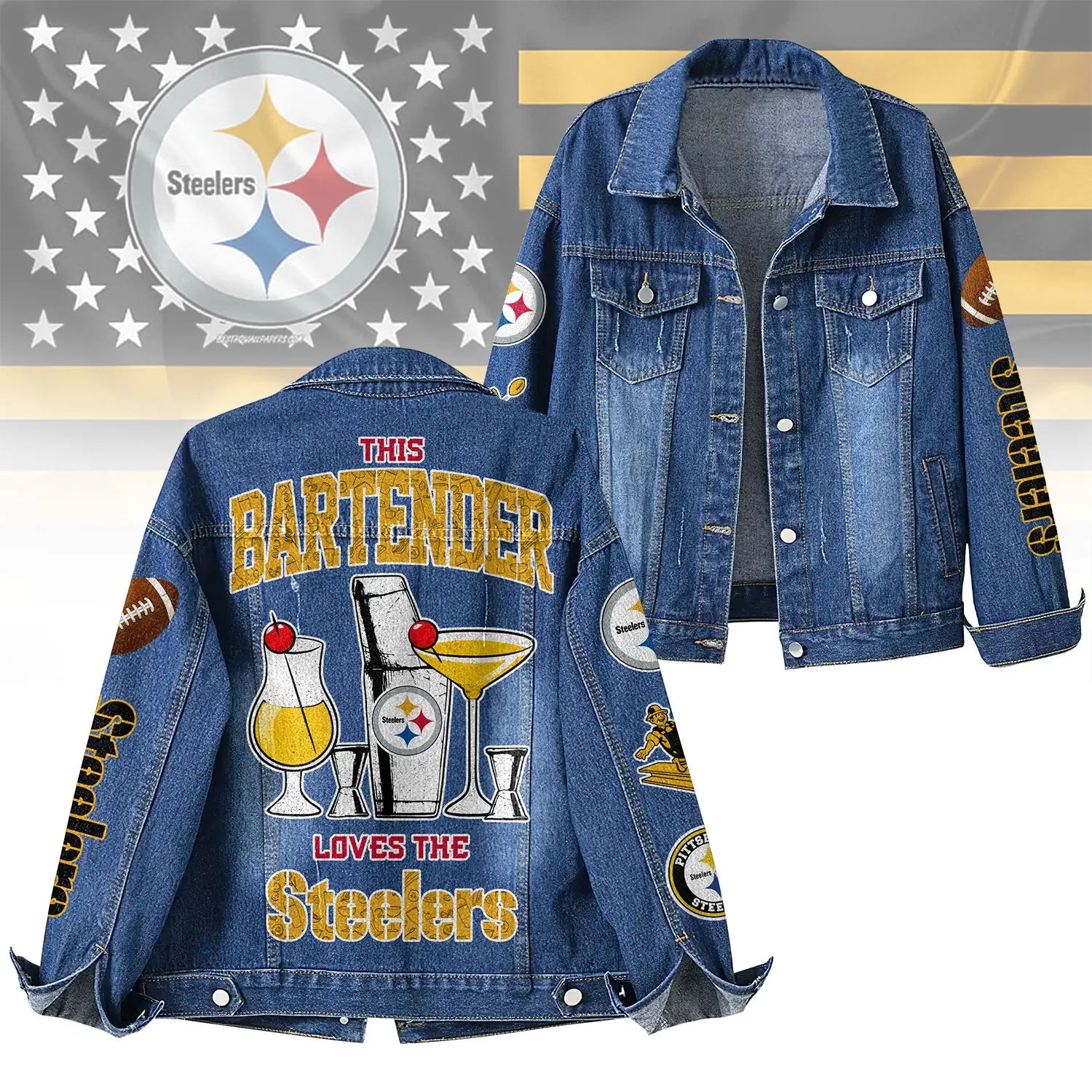 Pittsburgh Steelers | Premium NFL Bartender Fan Denim Jacket NY – HuddleStyle.com - Main